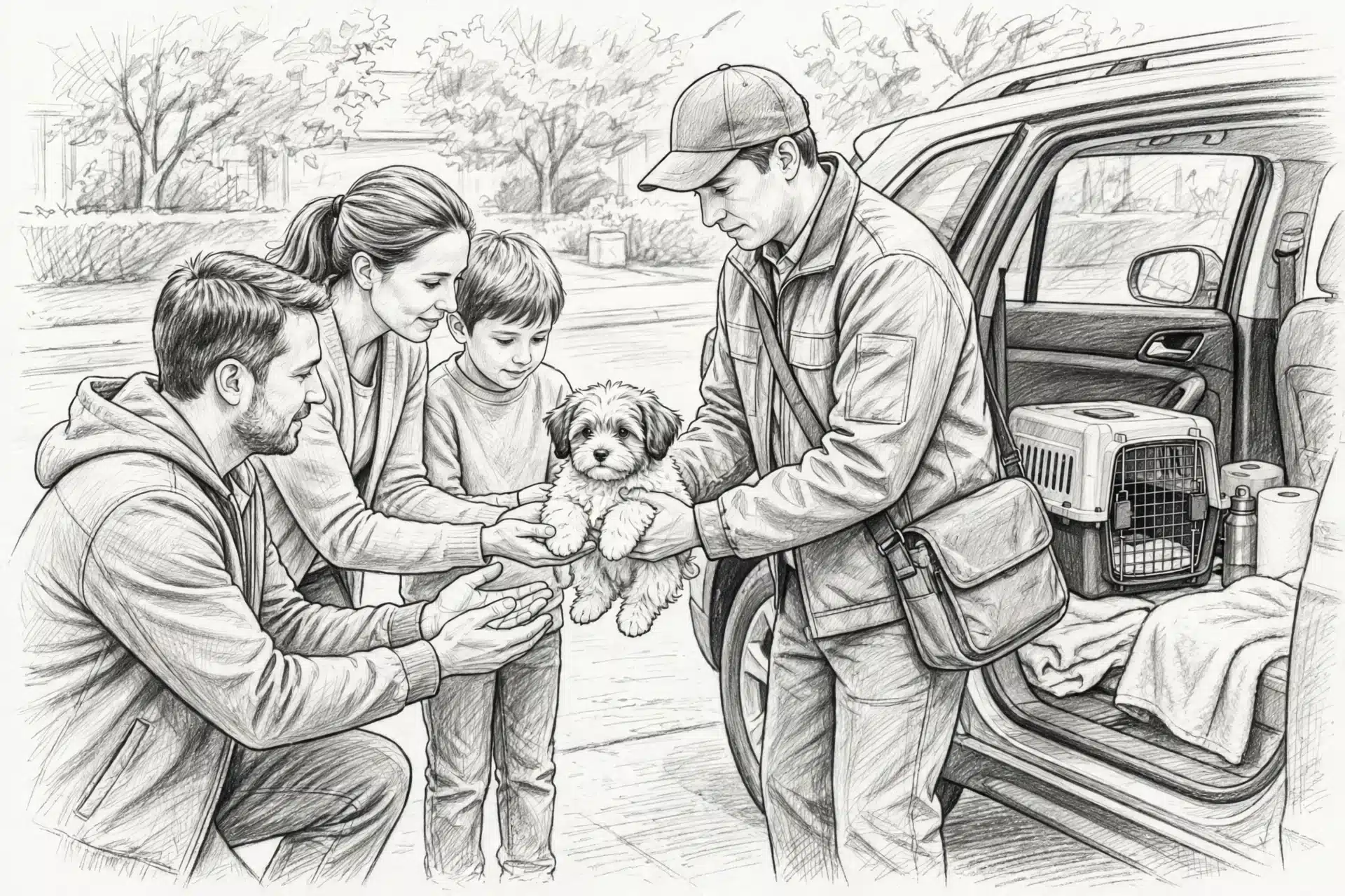 Family receiving Havanese puppy beside parked car