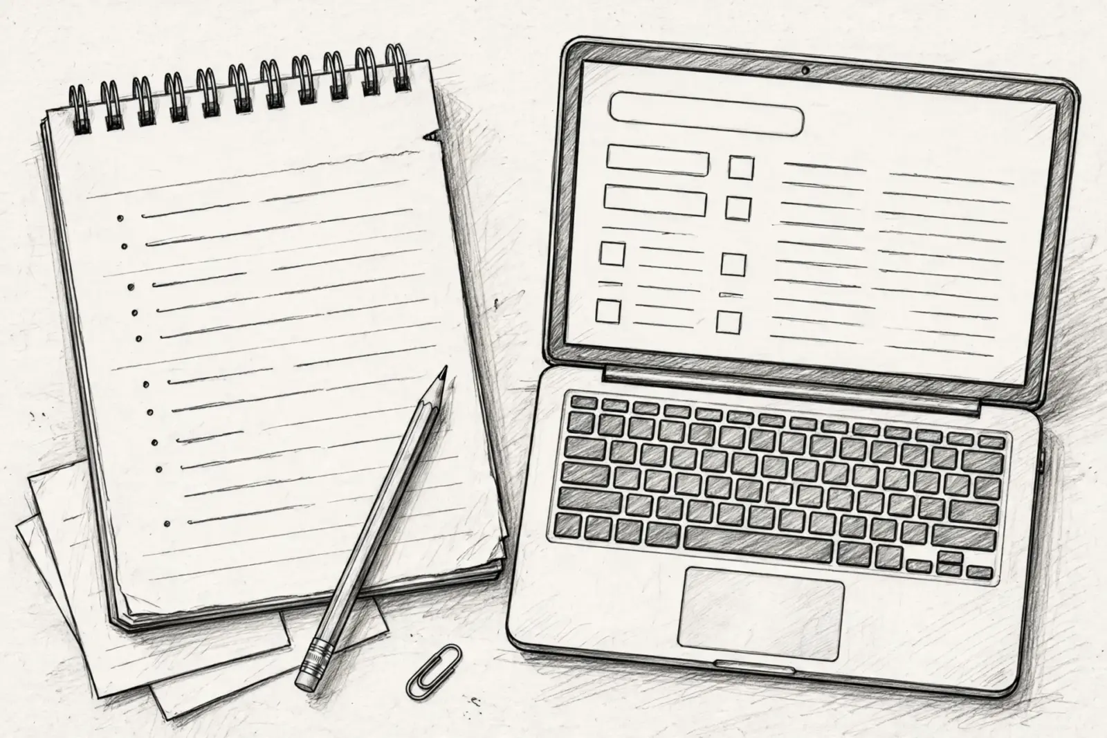 A sketched image shows a laptop with a checklist on its screen next to a spiral notebook and pencil, suggesting research for Kansas puppy breeder licensing and inspection records.