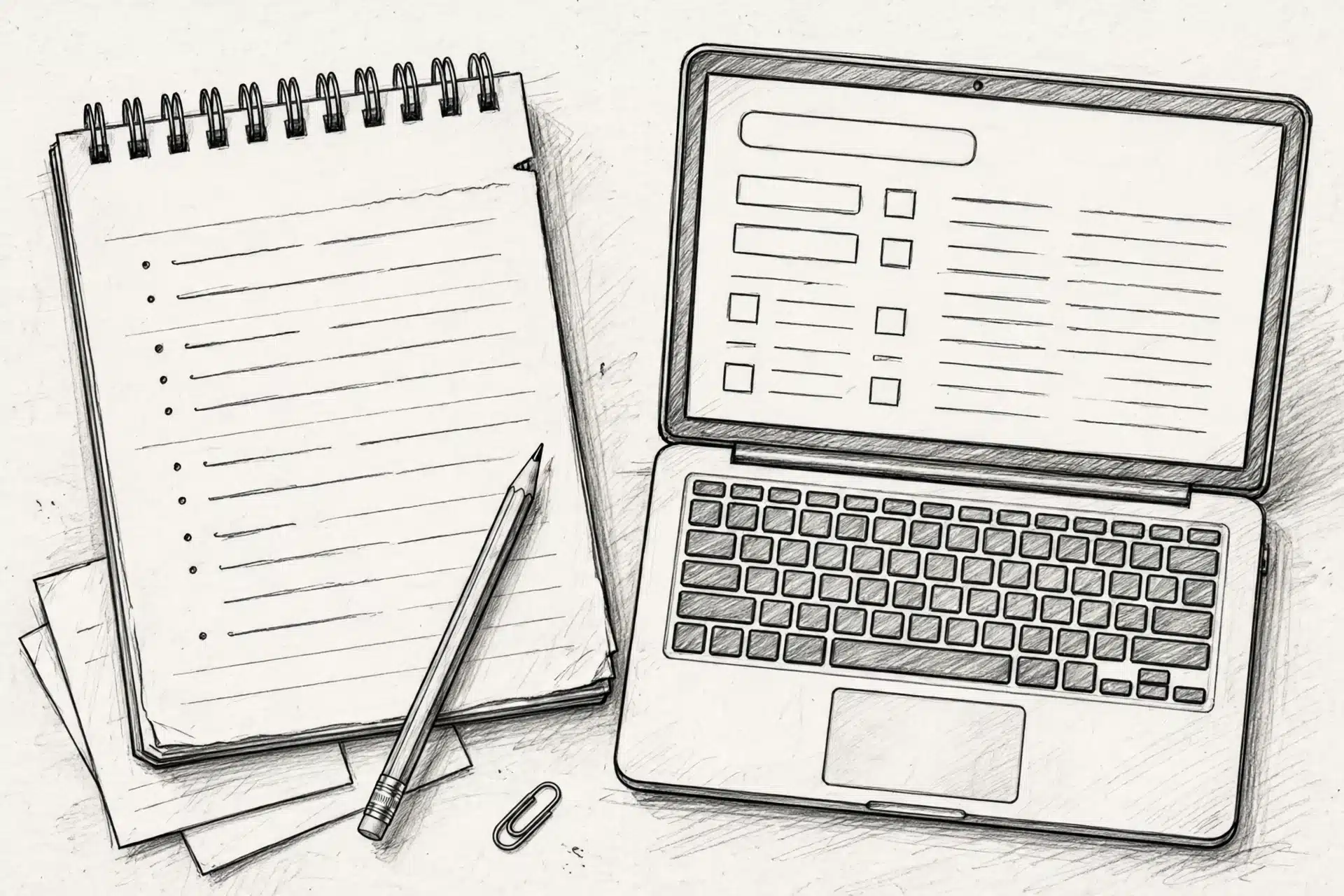 Pencil sketch of notepad and laptop record search