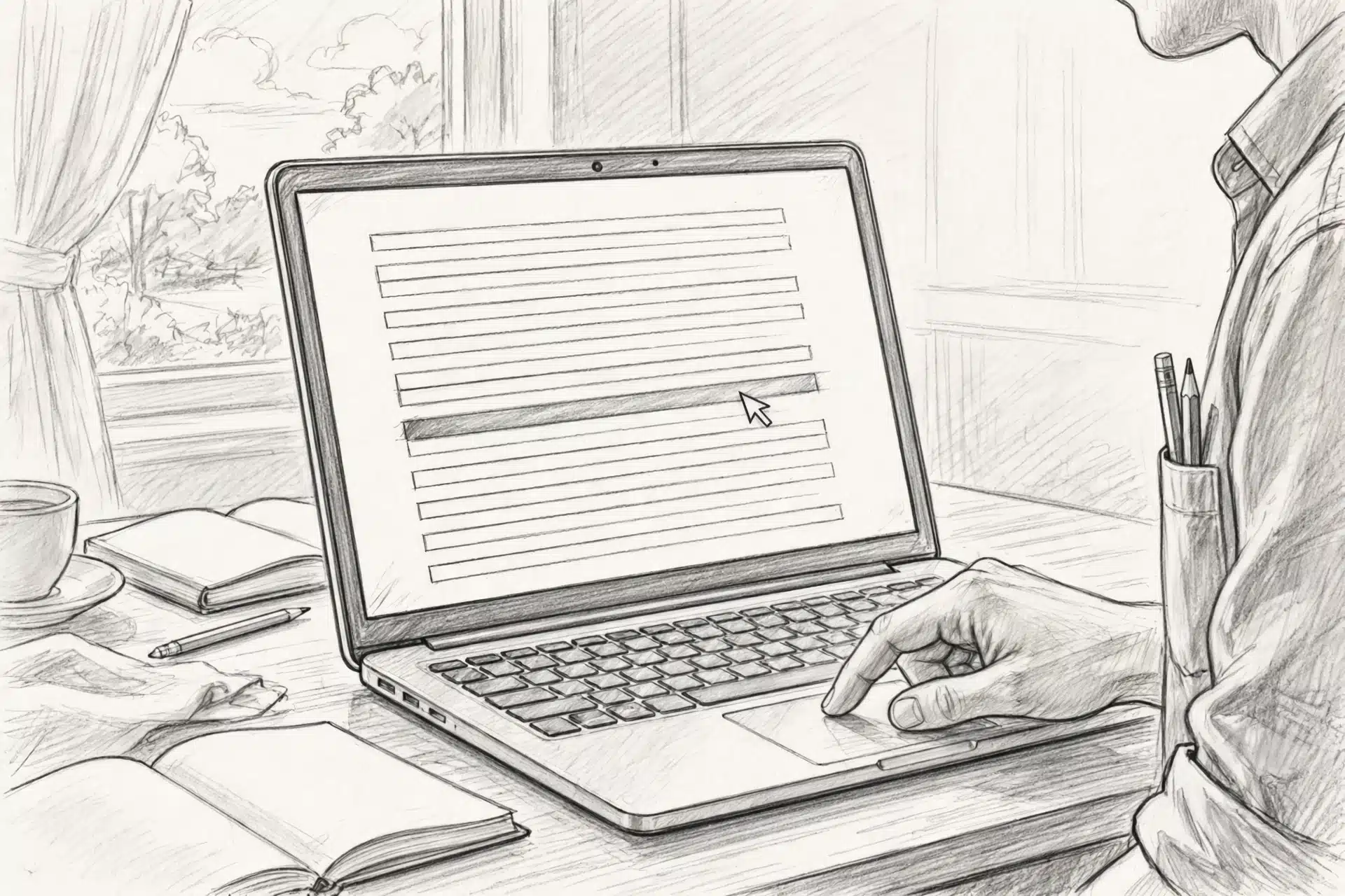 Pencil sketch of hand selecting county on laptop