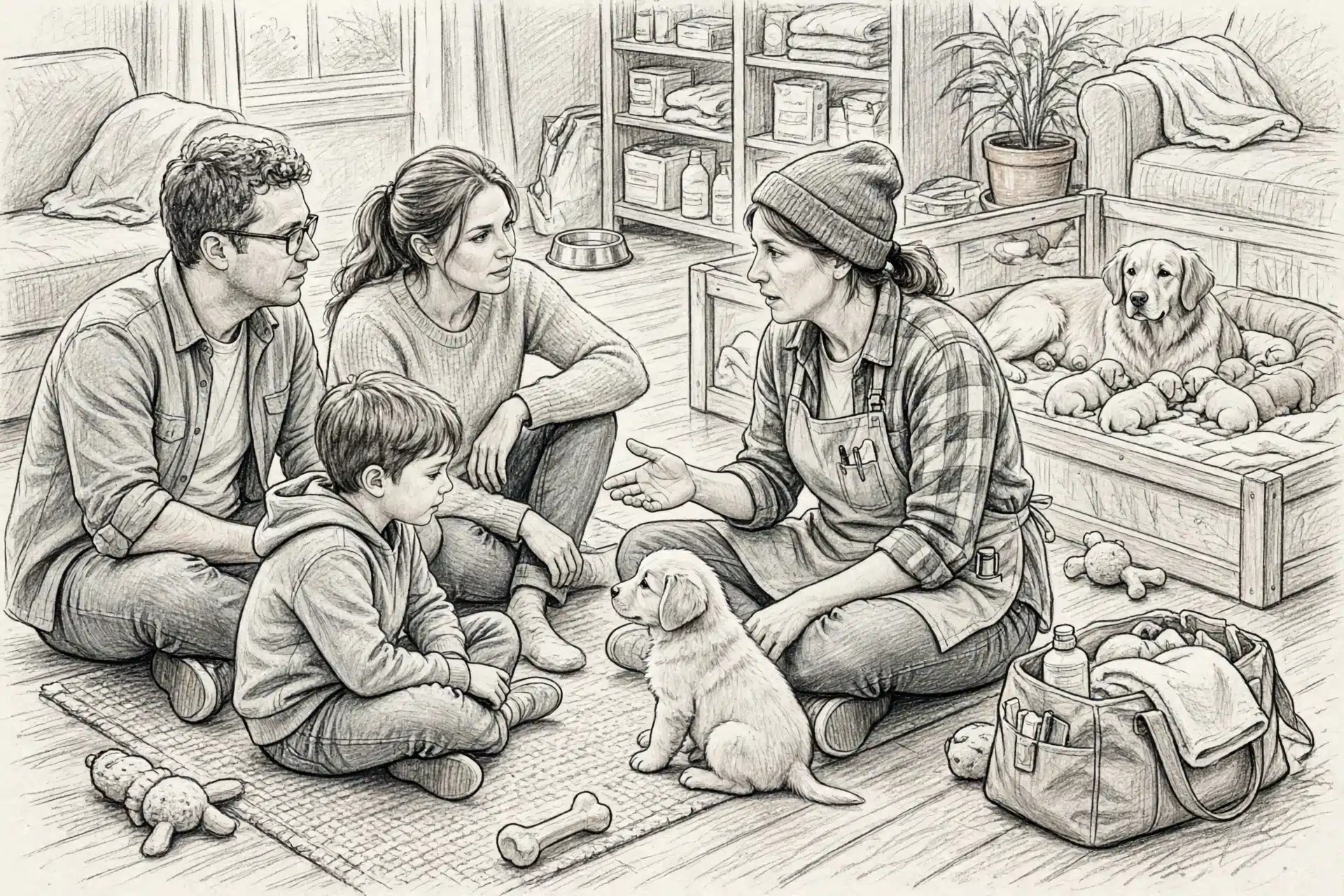 Family meeting breeder and puppy at home