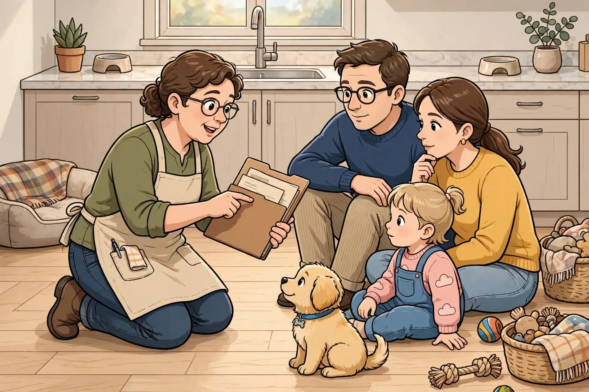 Breeder showing health test folder to family