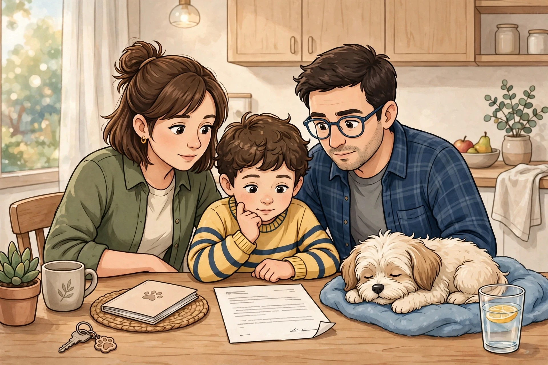 Family reviewing puppy contract at kitchen table