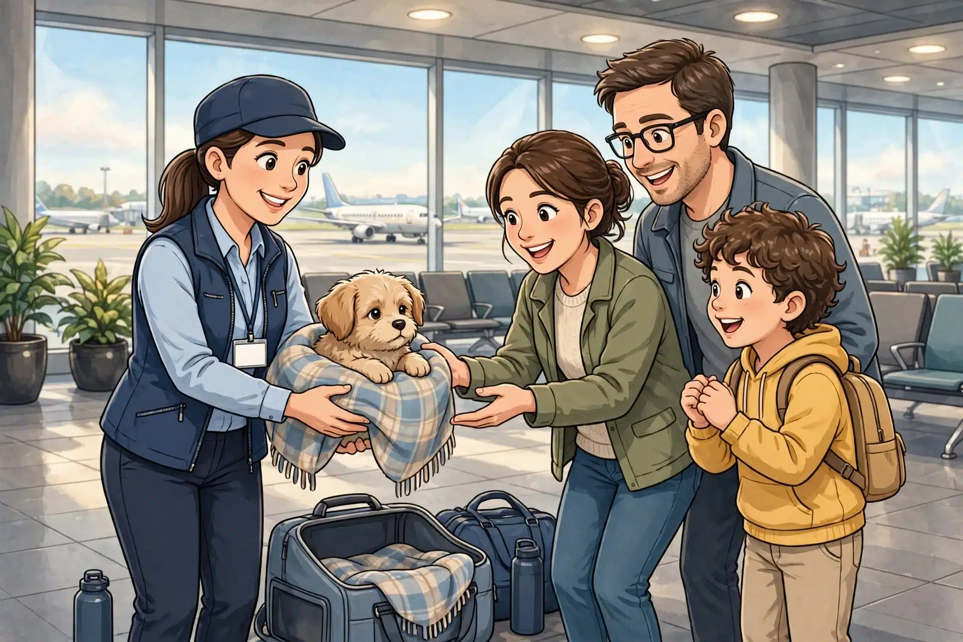 Flight nanny handing puppy to family