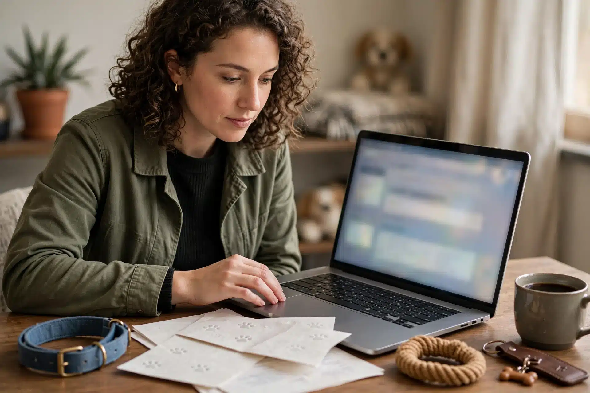Buyer searching dog health database on laptop