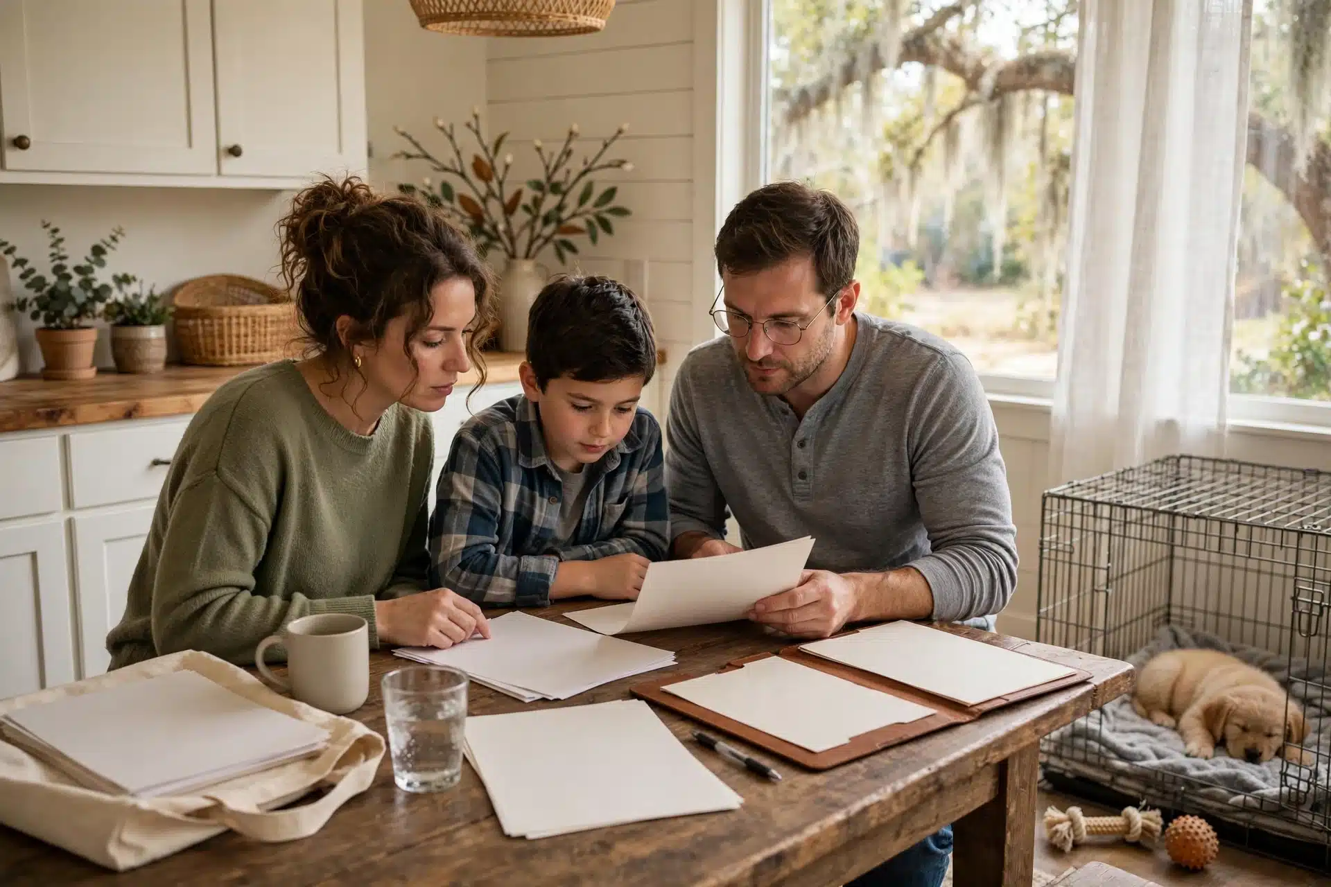 Family reviewing puppy contract at kitchen table
