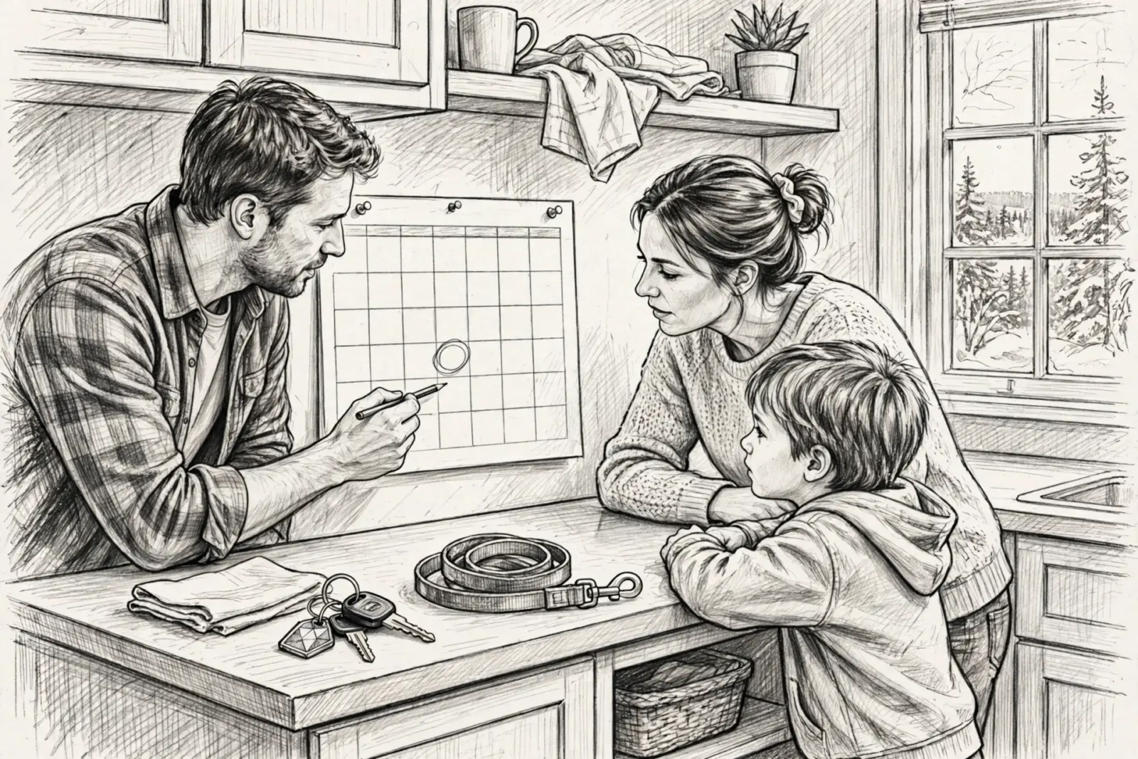 Pencil-style illustration of two adults and a child reviewing a calendar beside a leash and keys