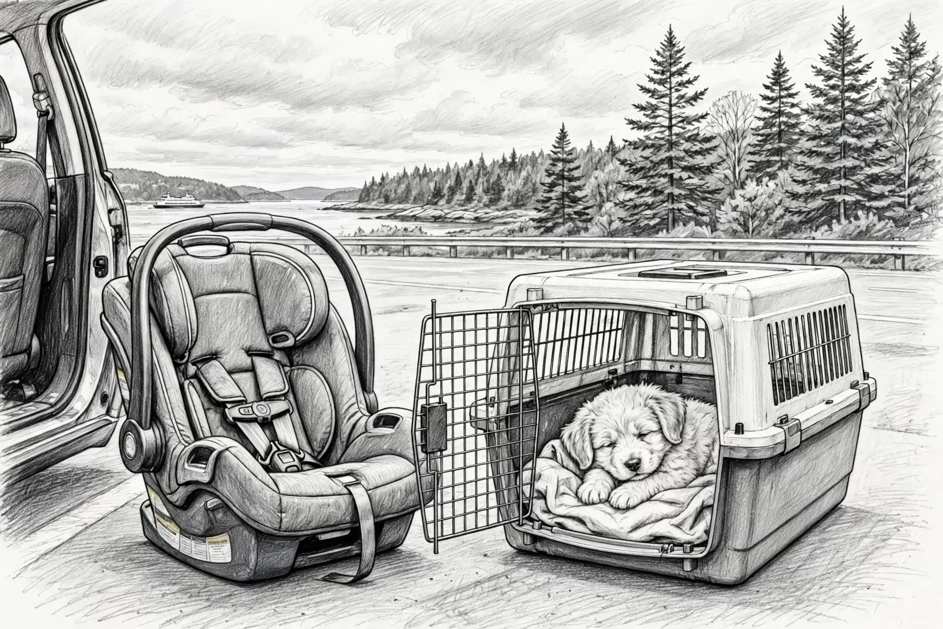 Puppy in crate at highway rest stop