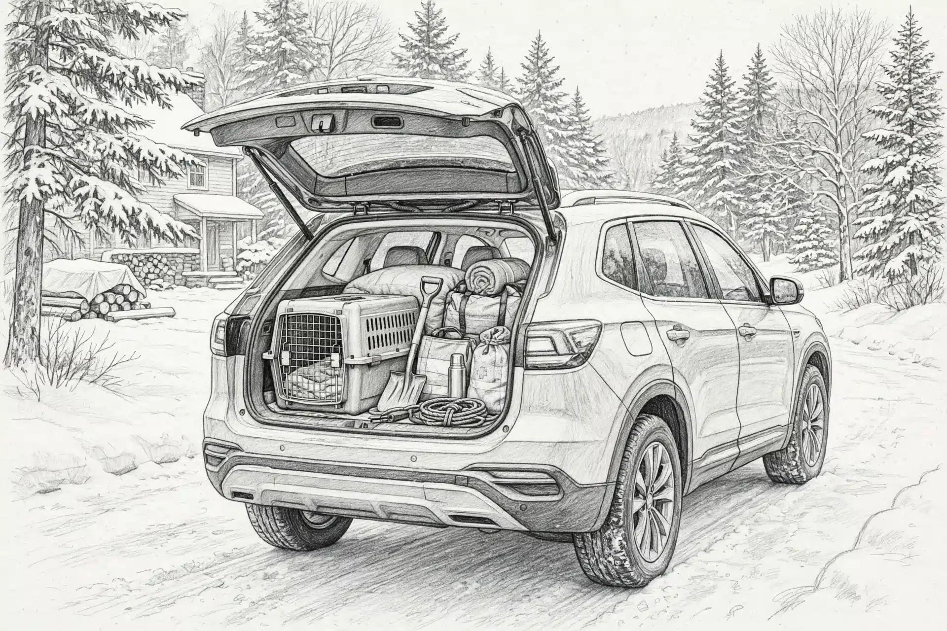 Snow-dusted car with crate in Maine driveway