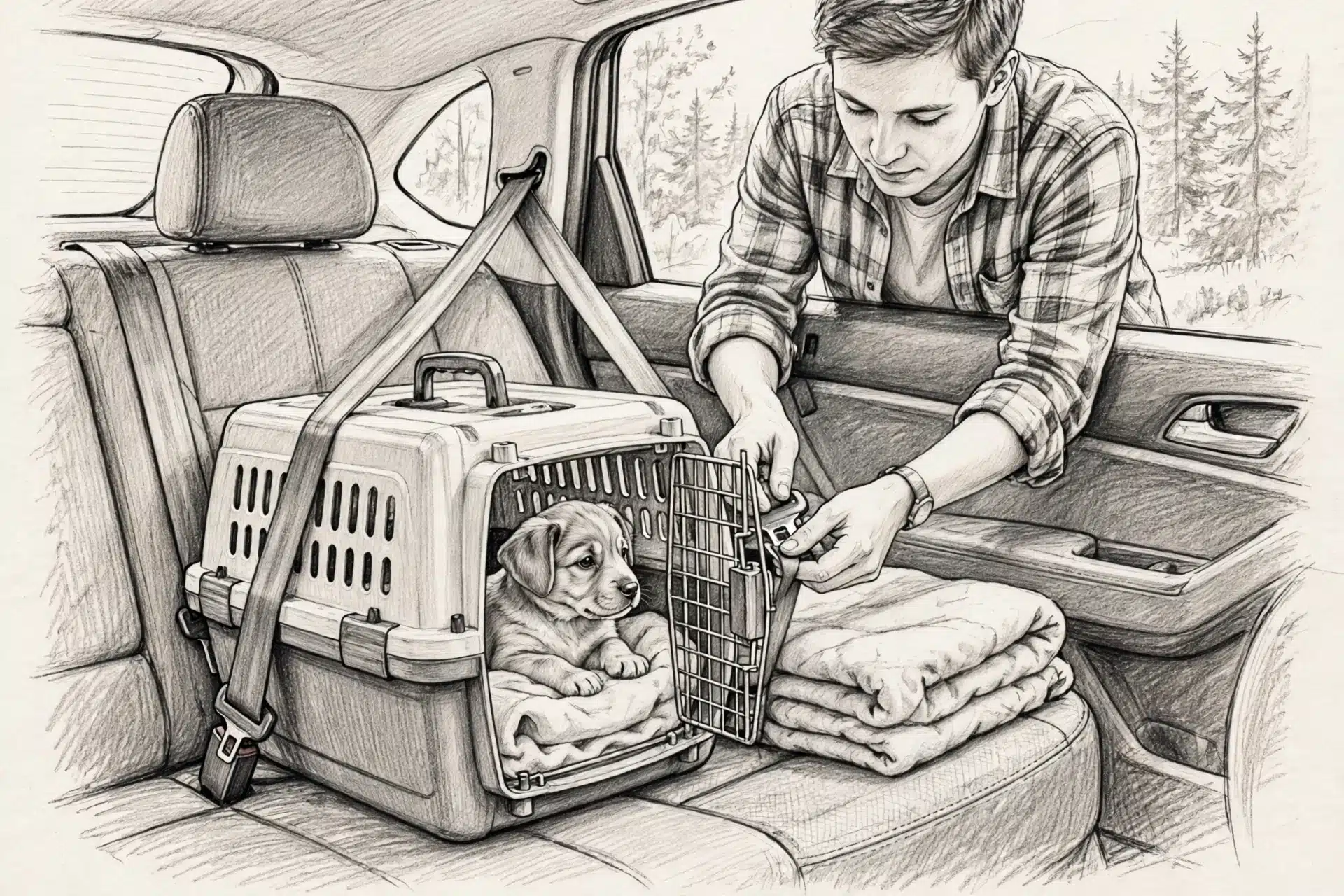 Family member buckling puppy crate into back seat
