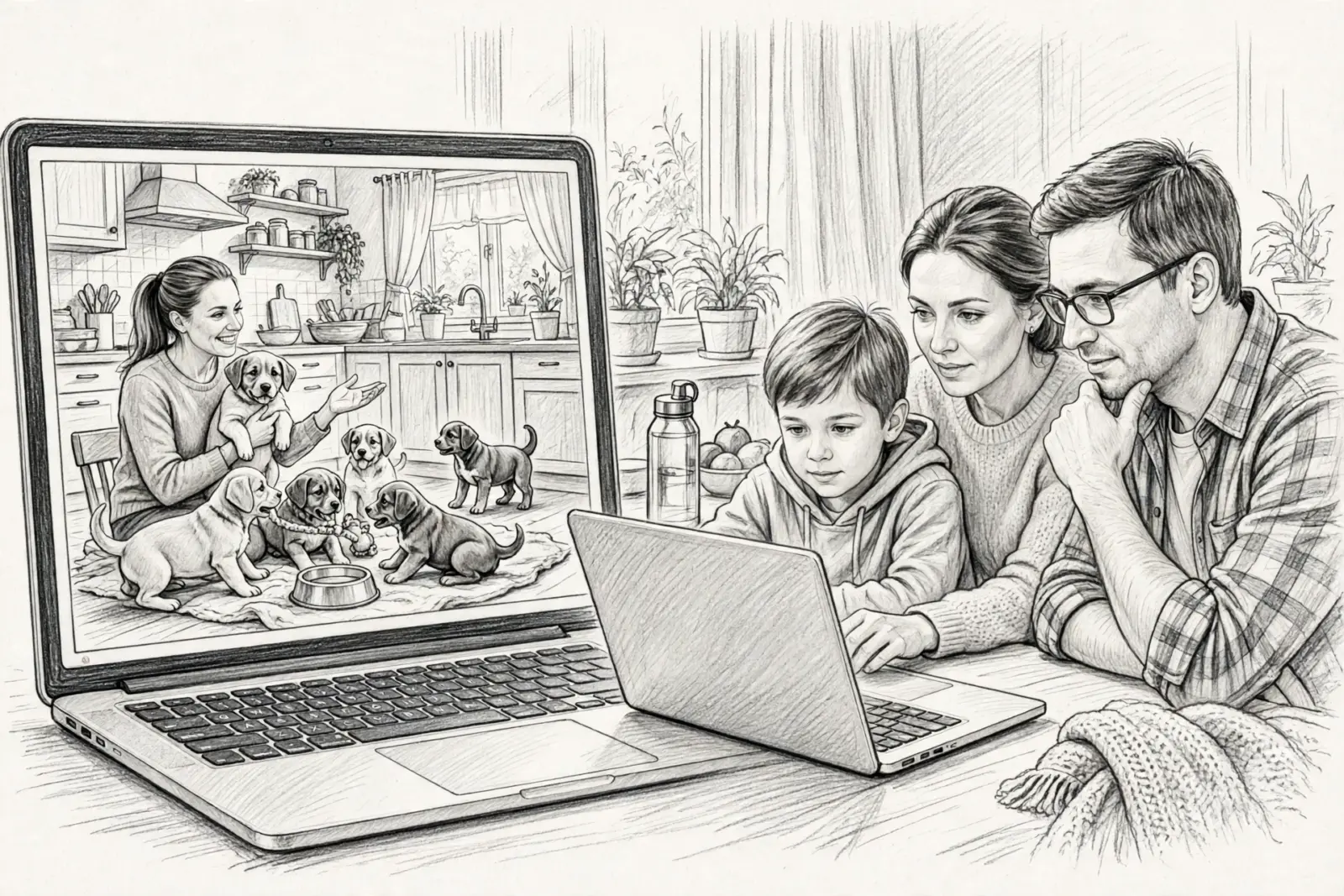 A family reviews adorable Maryland puppies for sale on a laptop screen, featuring a woman holding a puppy in a kitchen scene.