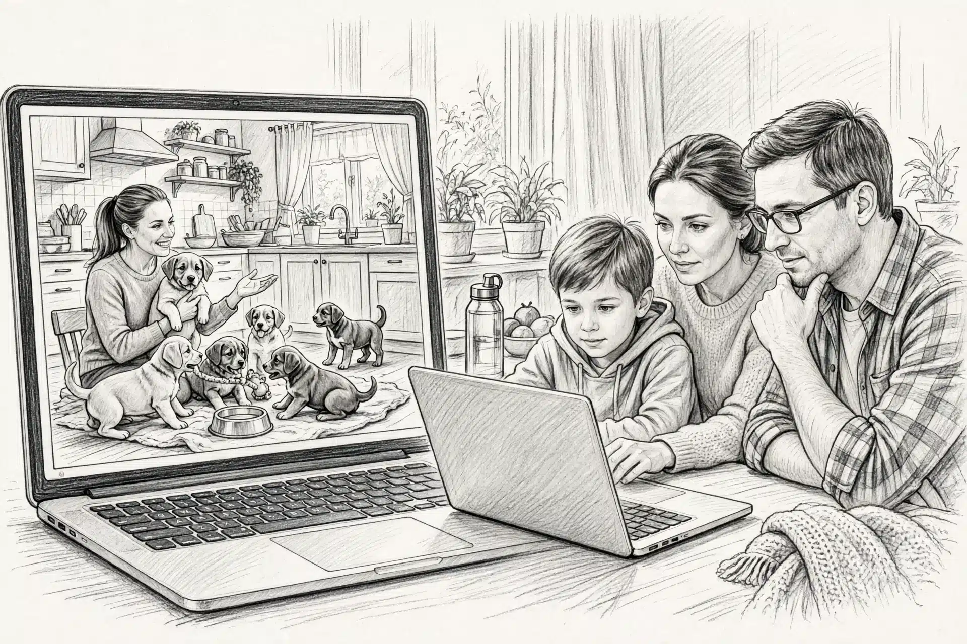 Family video call showing puppies in kitchen
