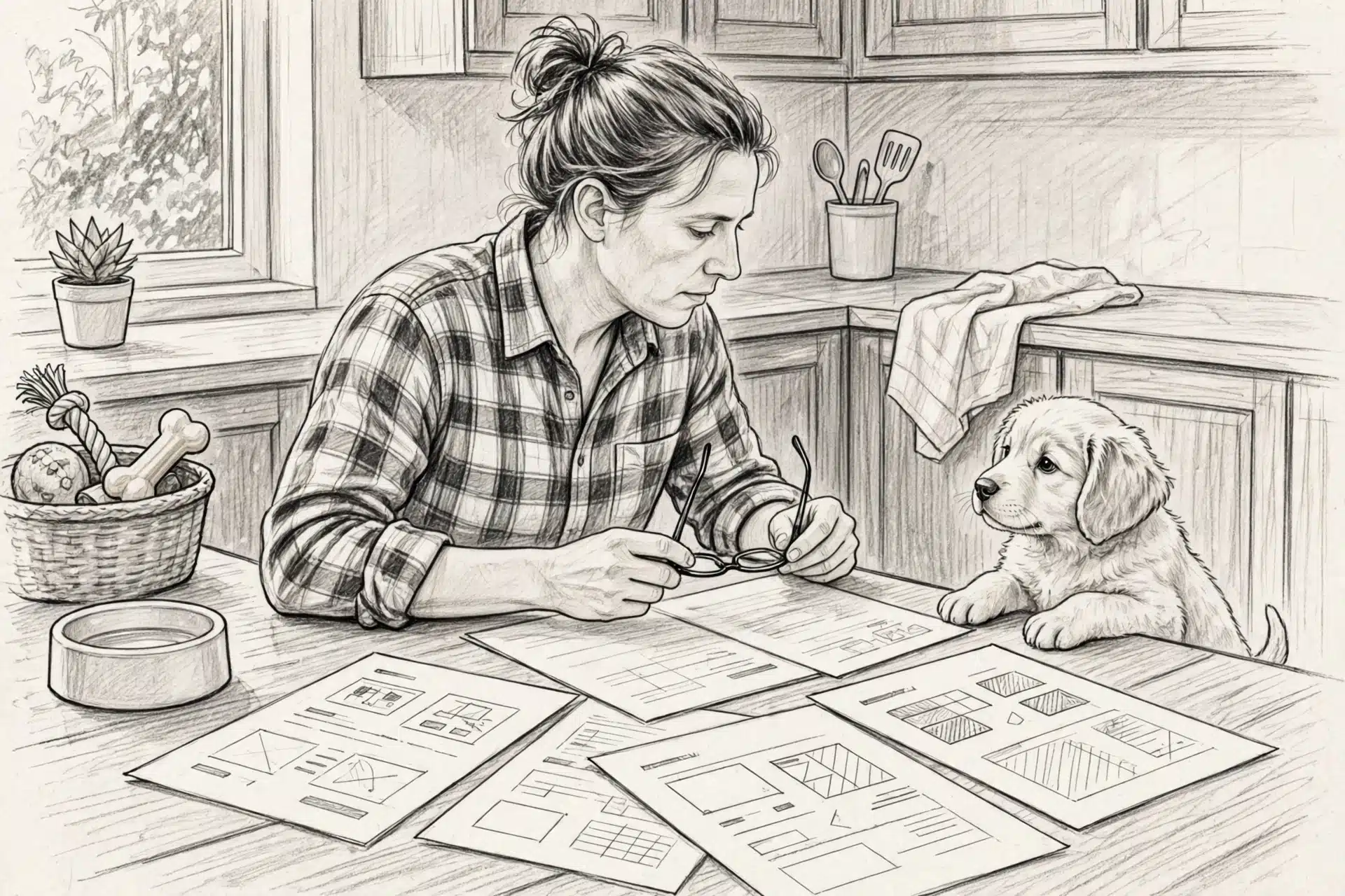 Breeder reviewing health certificates with puppy nearby