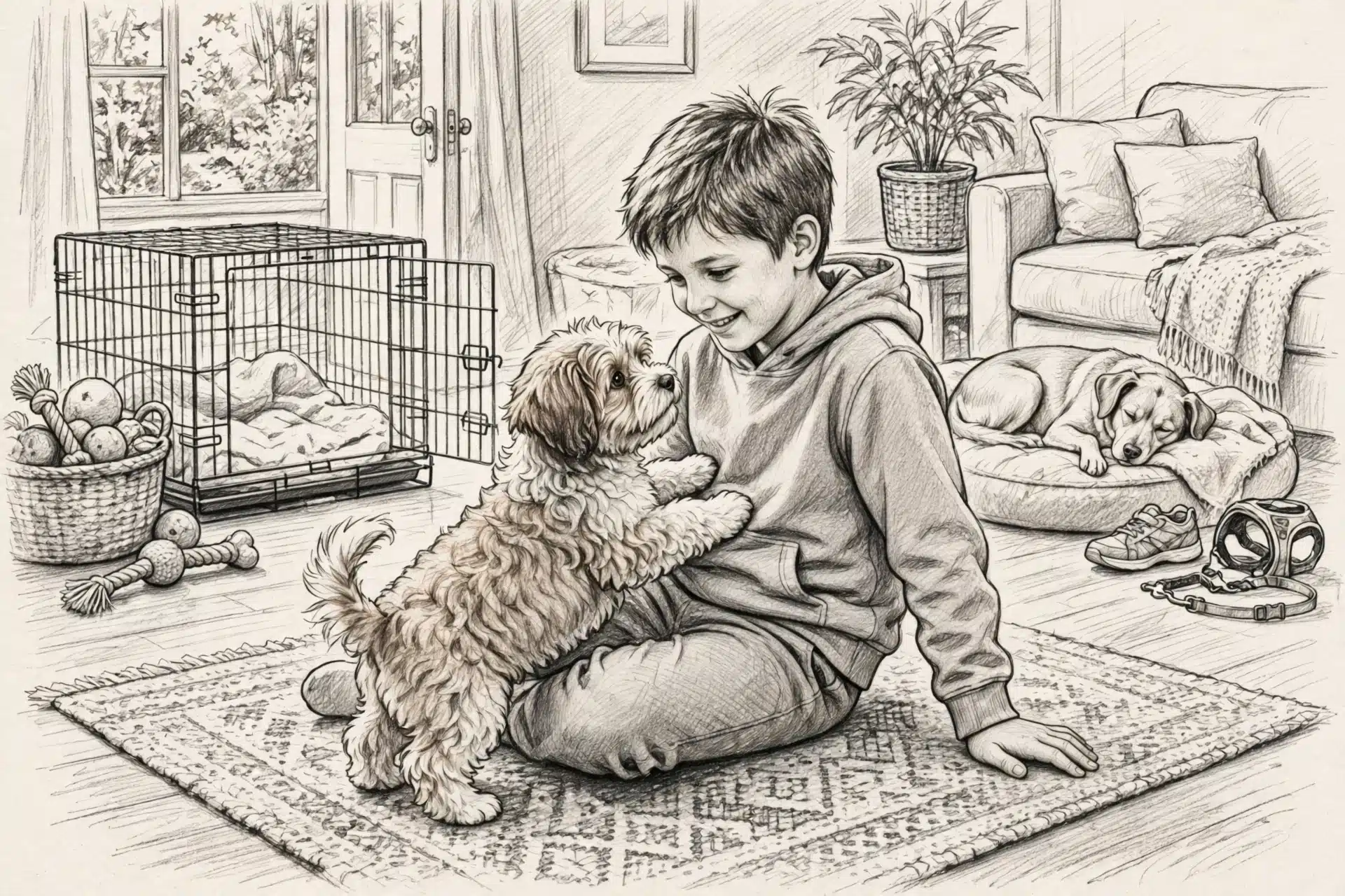 Havanese puppy climbing onto child's lap
