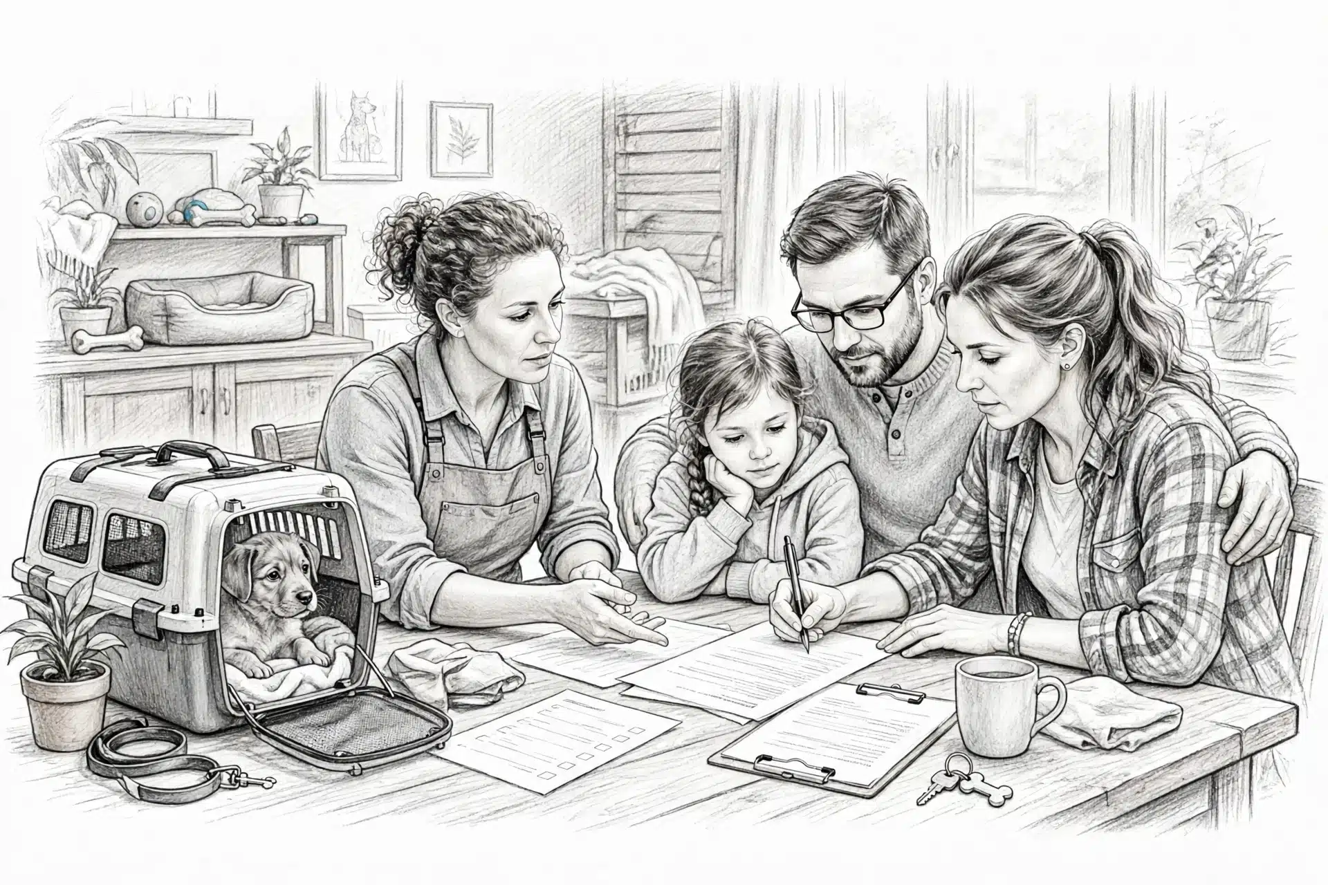 Family signing puppy adoption contract at table