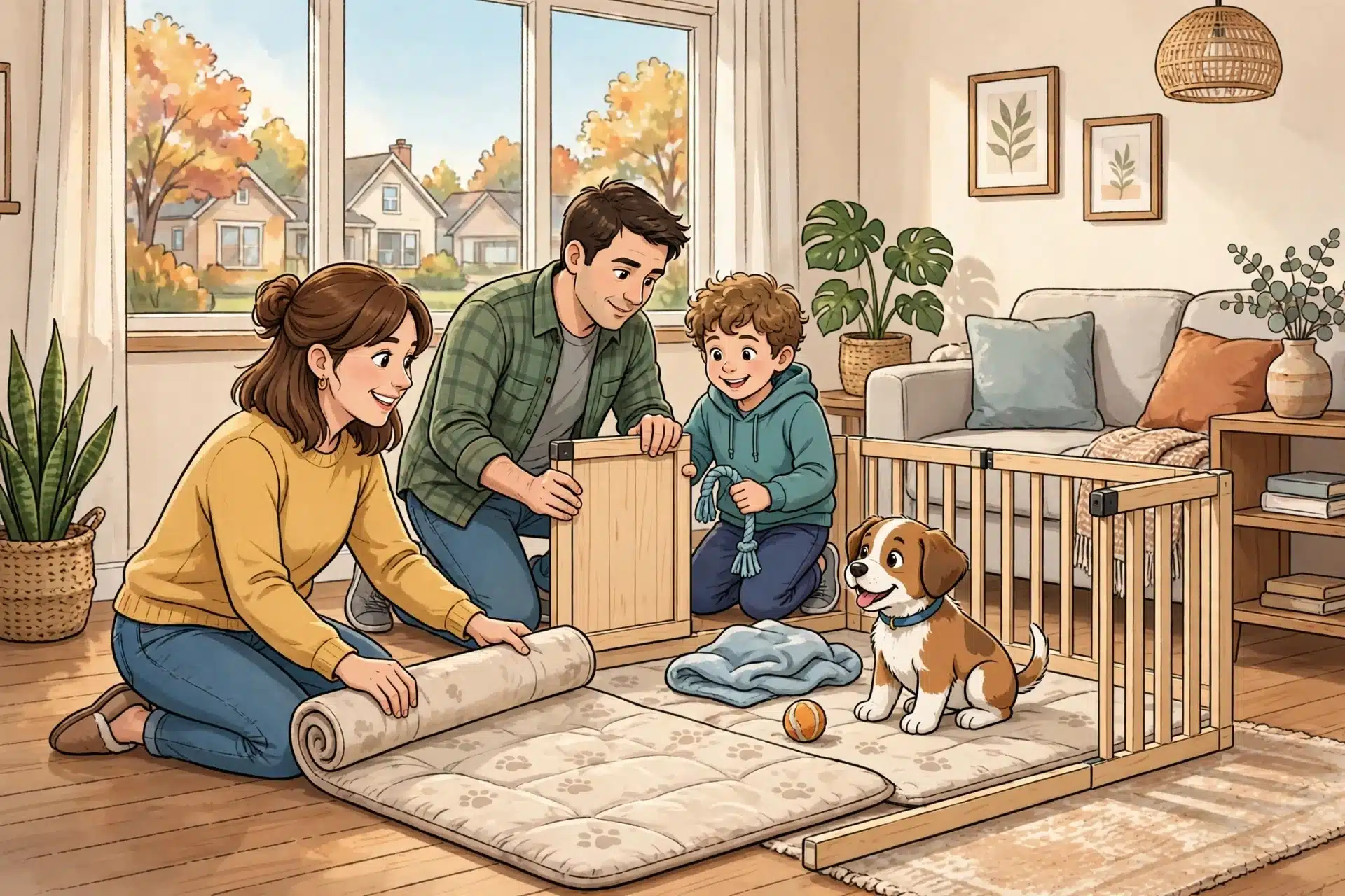 Family setting up puppy play zone