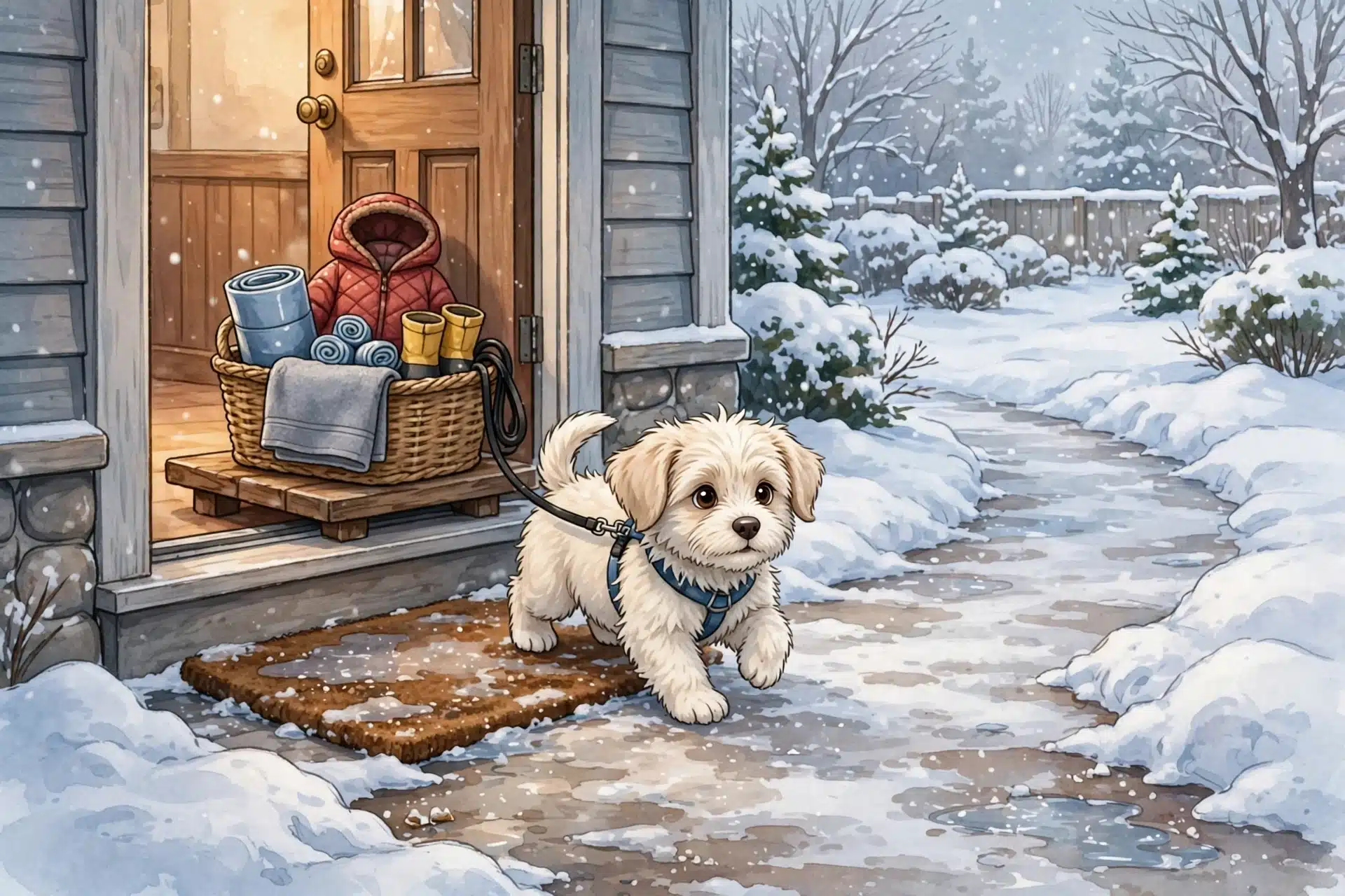 Fluffy puppy on leash in shoveled snowy path