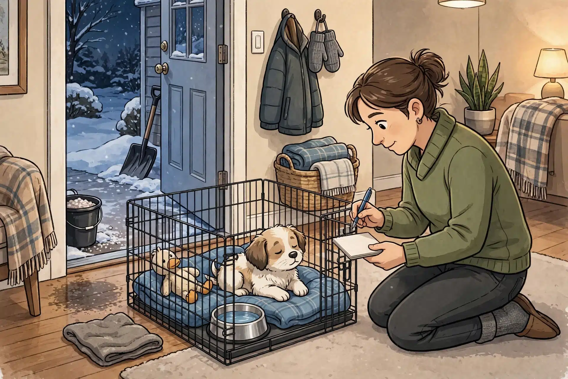 Parent kneeling by puppy pen at night