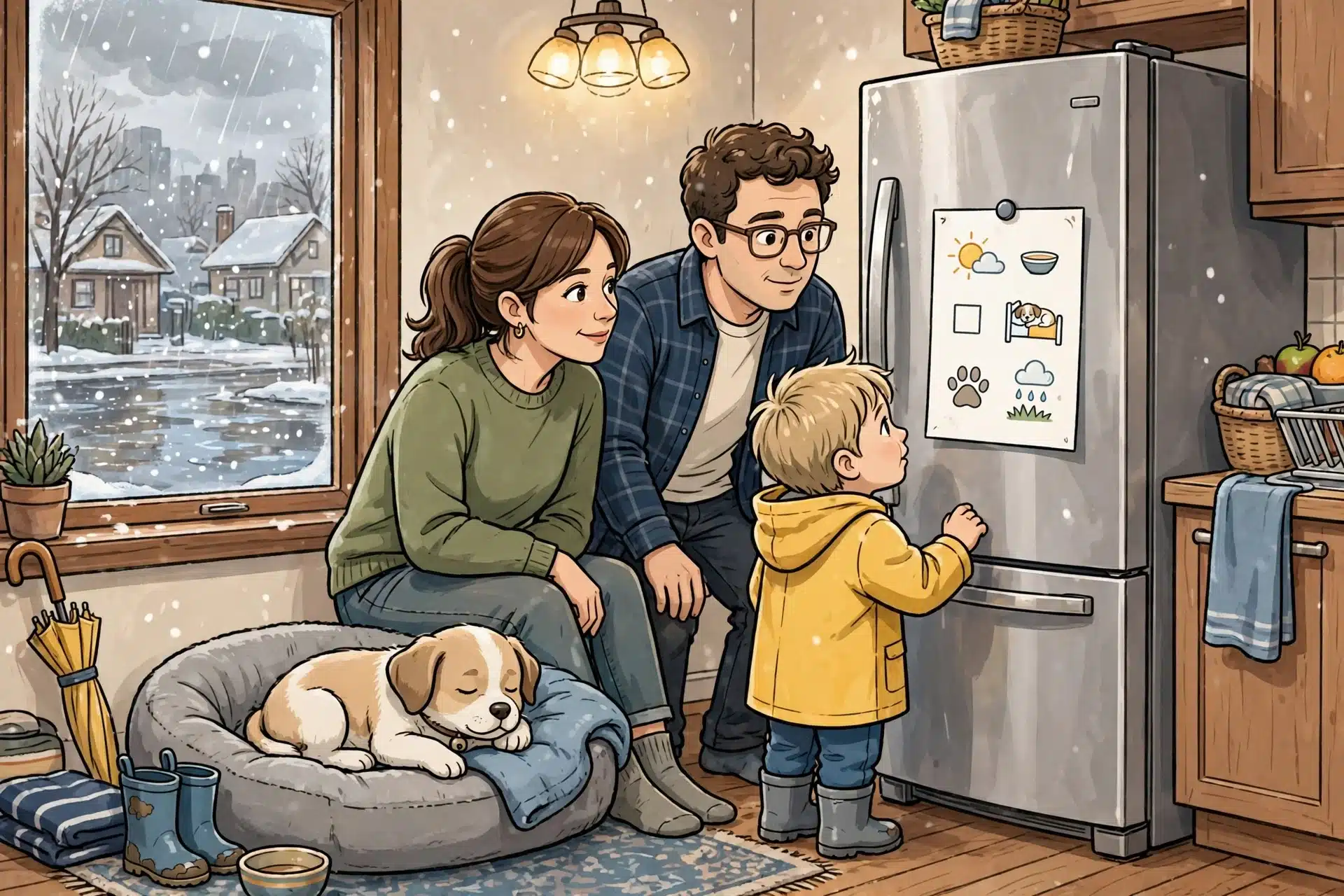 Family reviewing puppy routine chart by snowy window