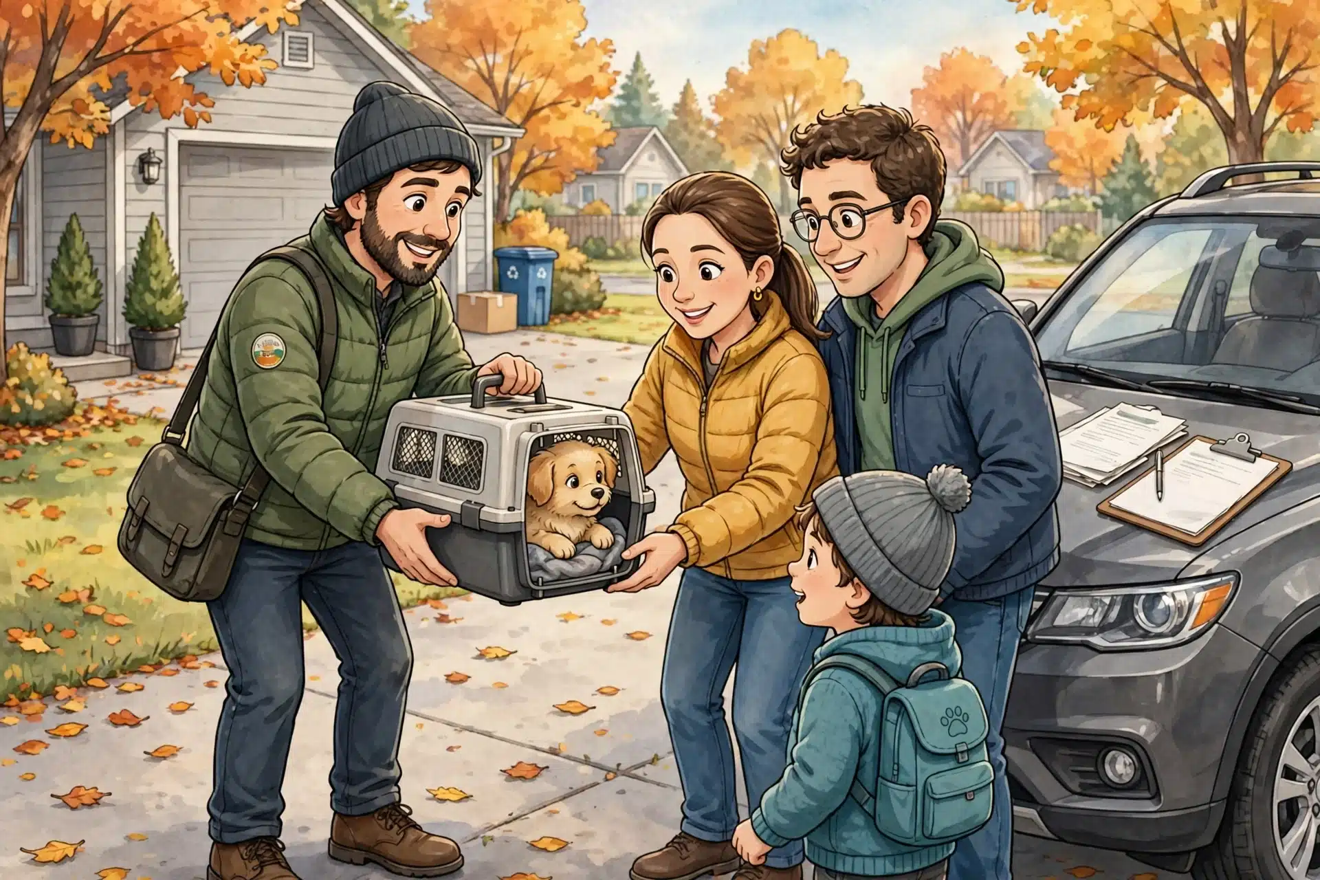 Breeder handing puppy carrier to family