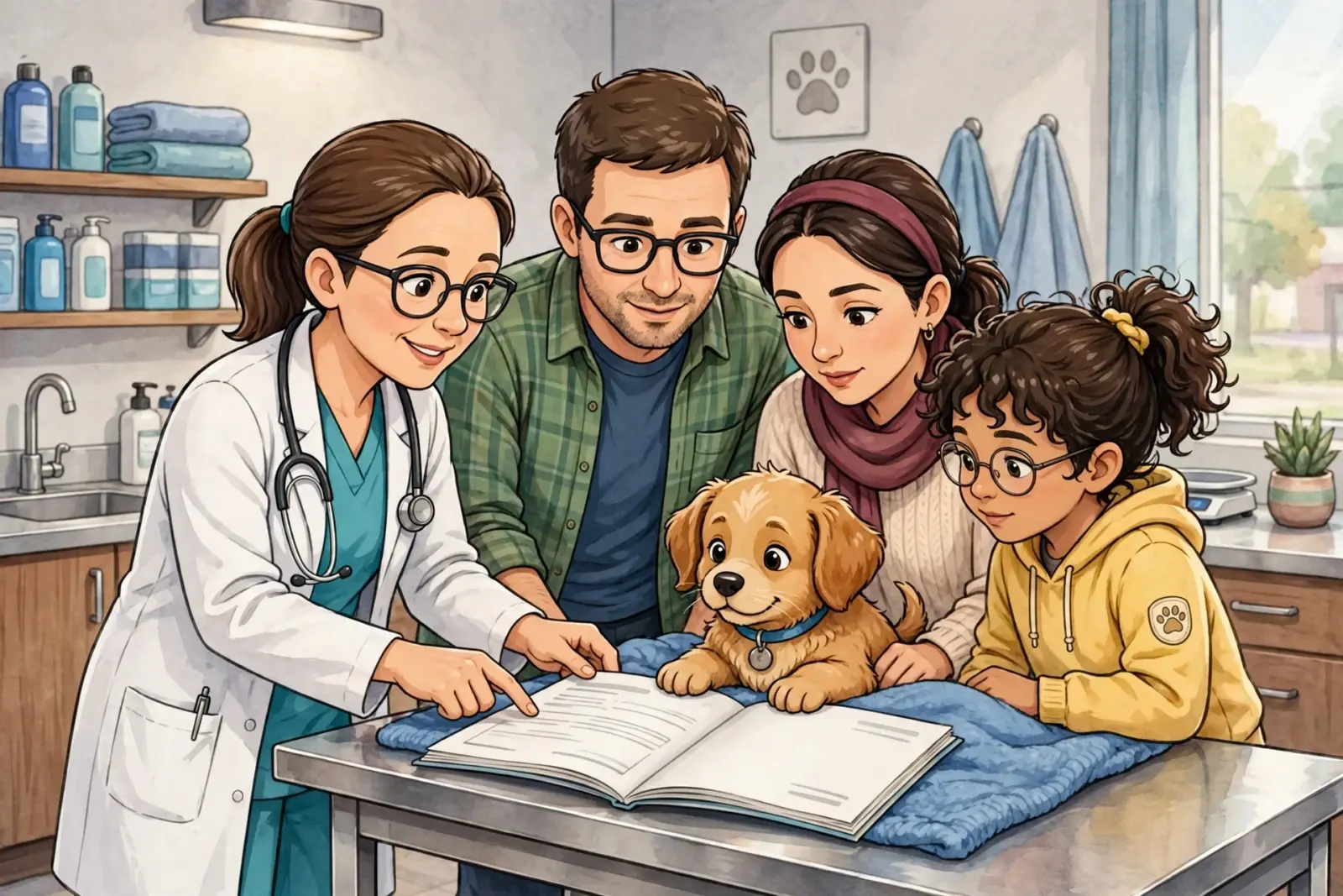 Color illustration of three adults and a child reviewing an open record book beside a golden-colored puppy on a blue blanket.