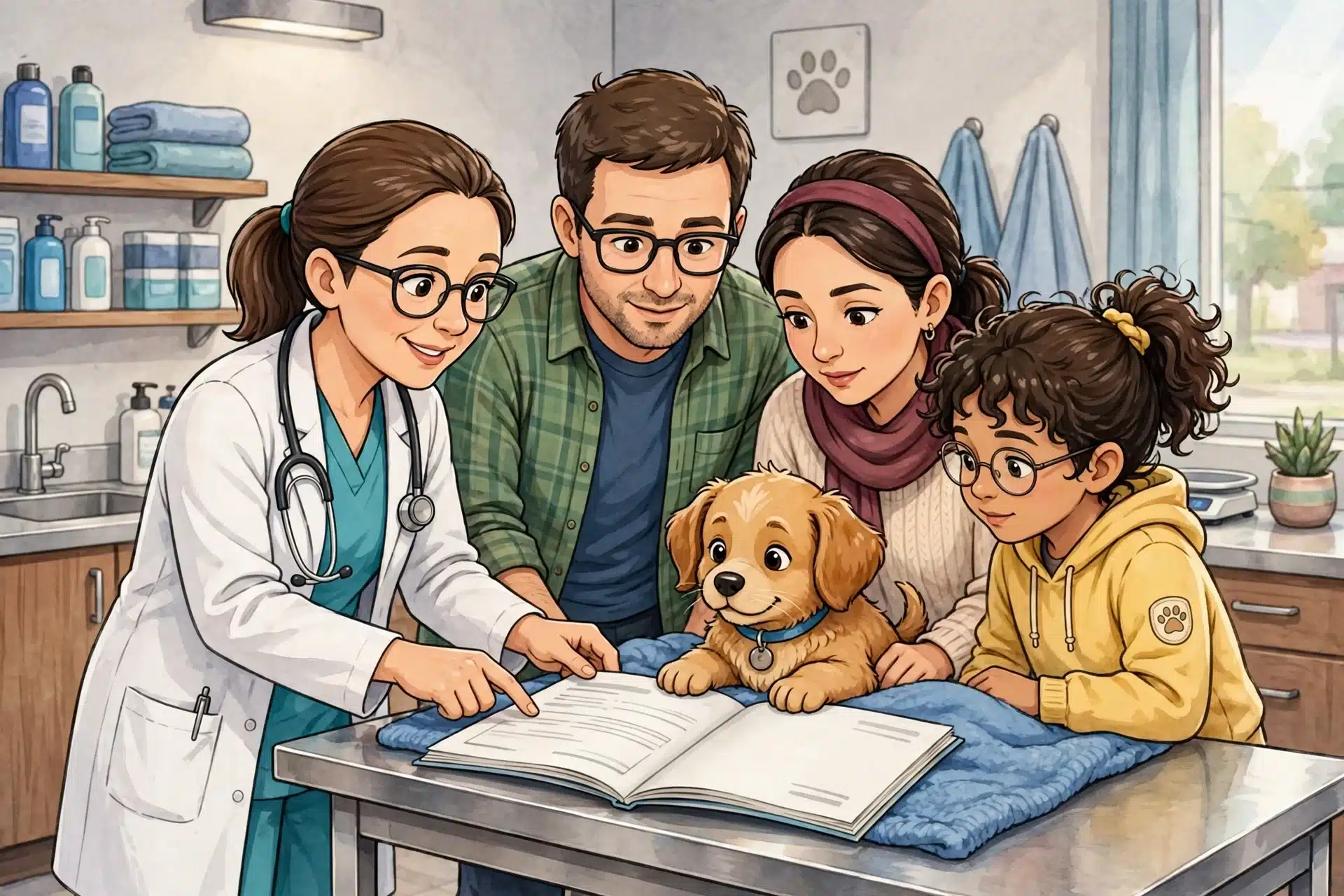 Family reviewing puppy vaccination records with veterinarian