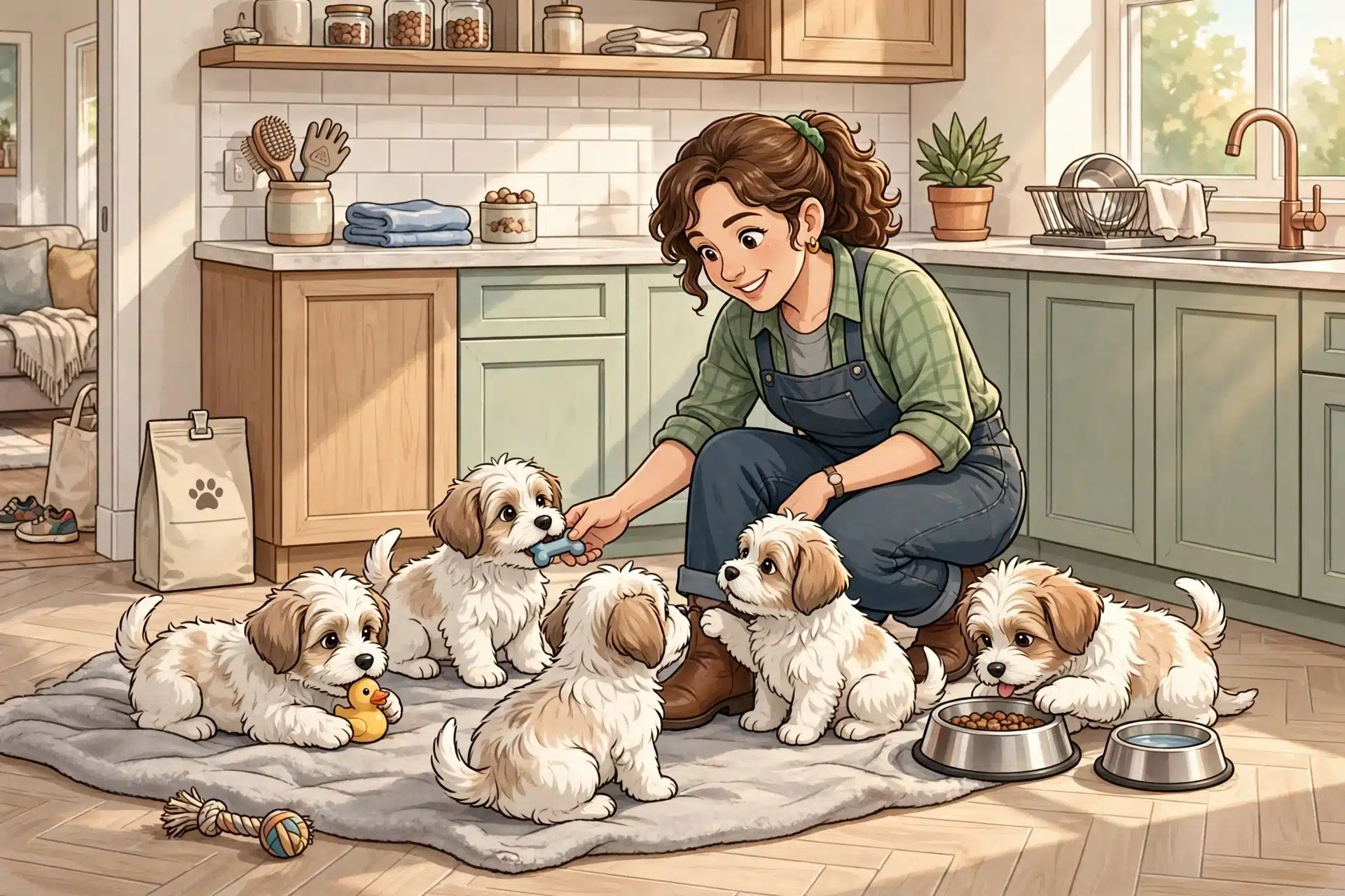 Breeder playing with Havanese puppies indoors
