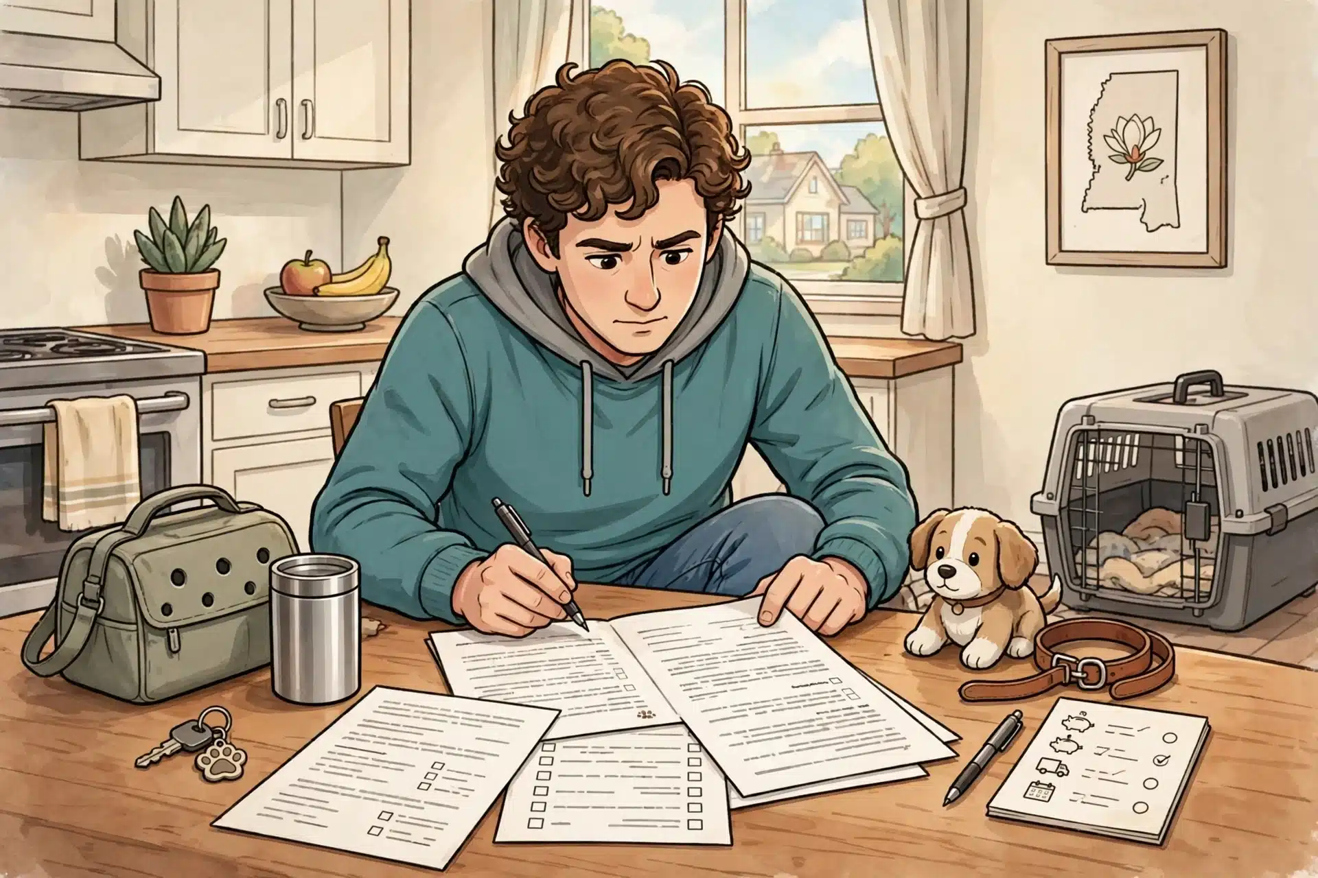 Buyer reviewing puppy purchase contract at table