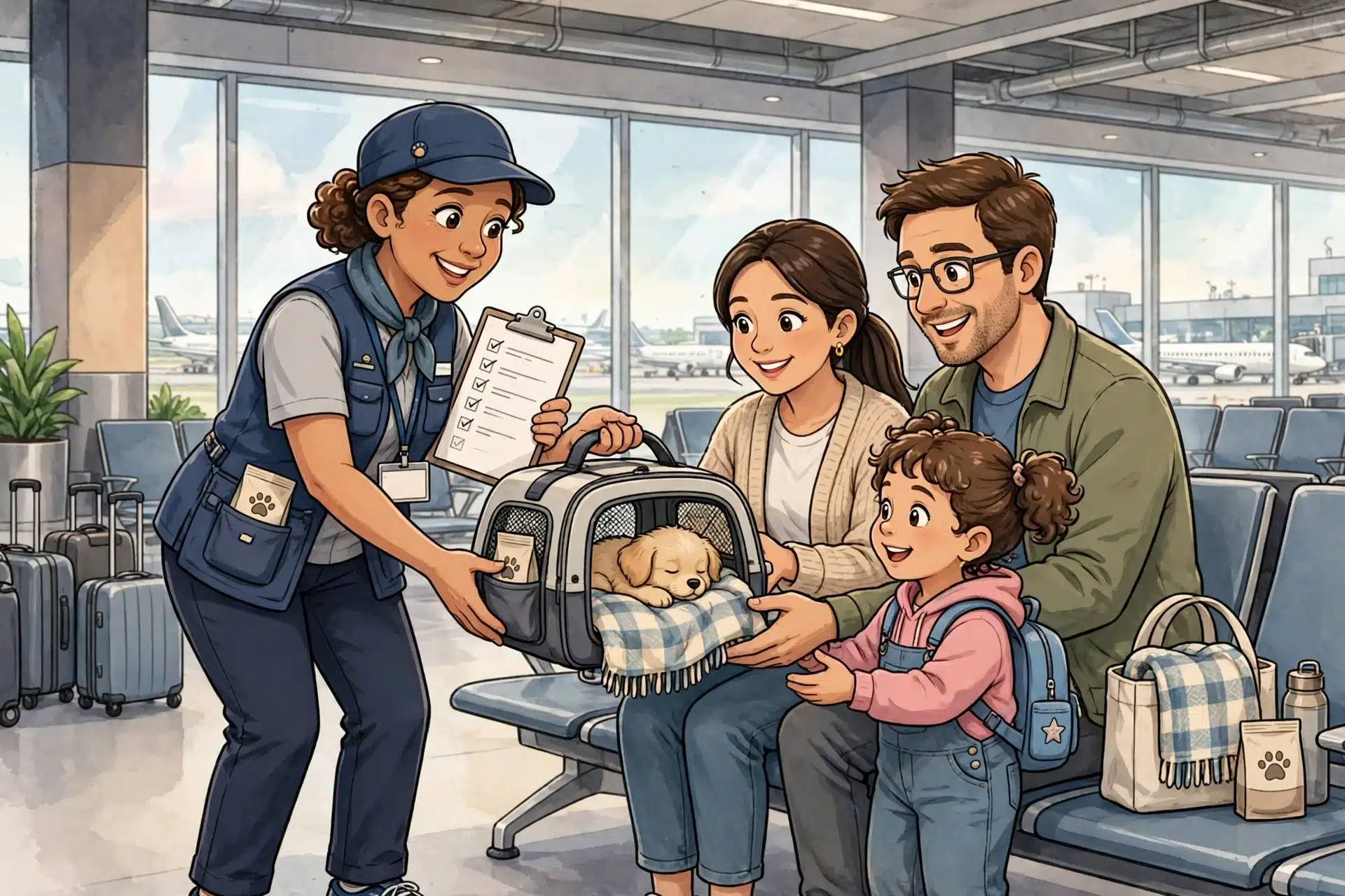 Flight nanny handing puppy carrier to family