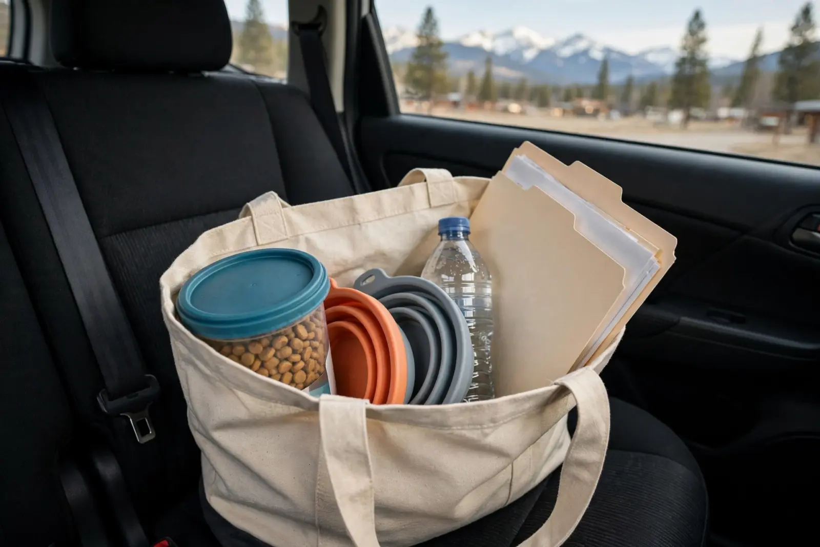 A canvas tote bag filled with puppy essentials, including collapsible bowls, a jar of dog food, and a water bottle, sits on a car seat with a scenic Montana mountain landscape visible through the window.