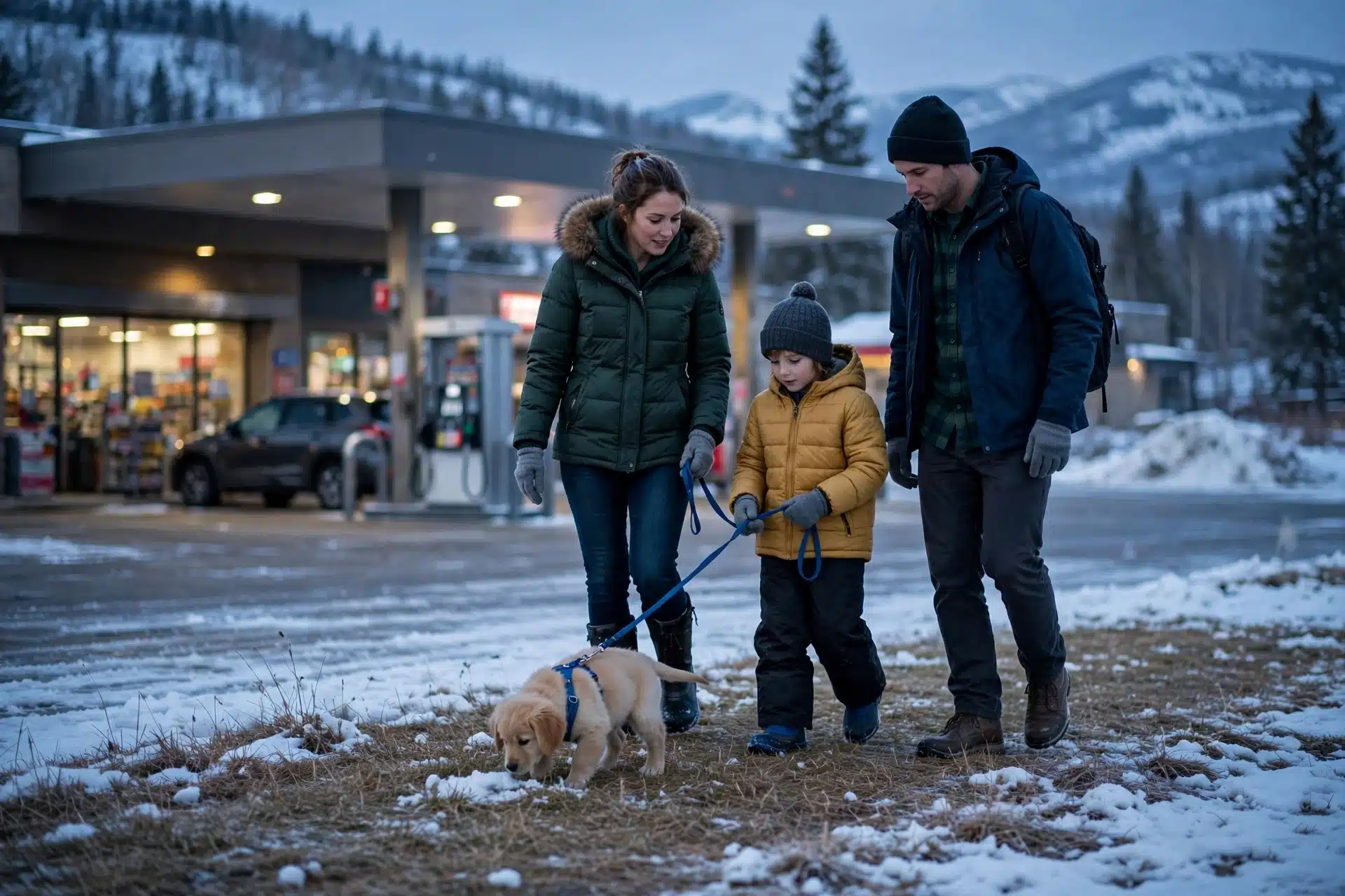 Family walking puppy at snowy gas station