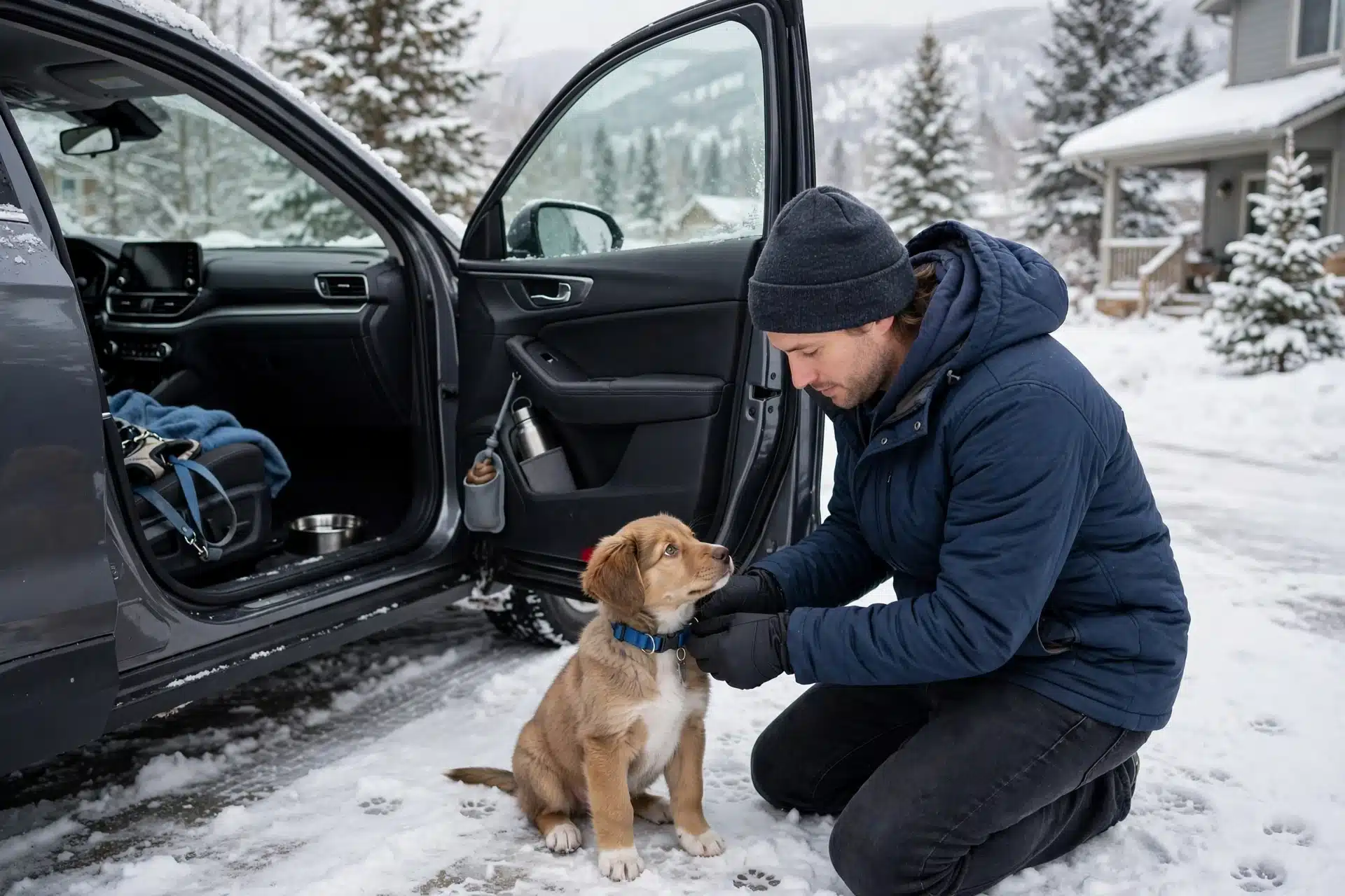 Parent checking puppy collar by snowy car