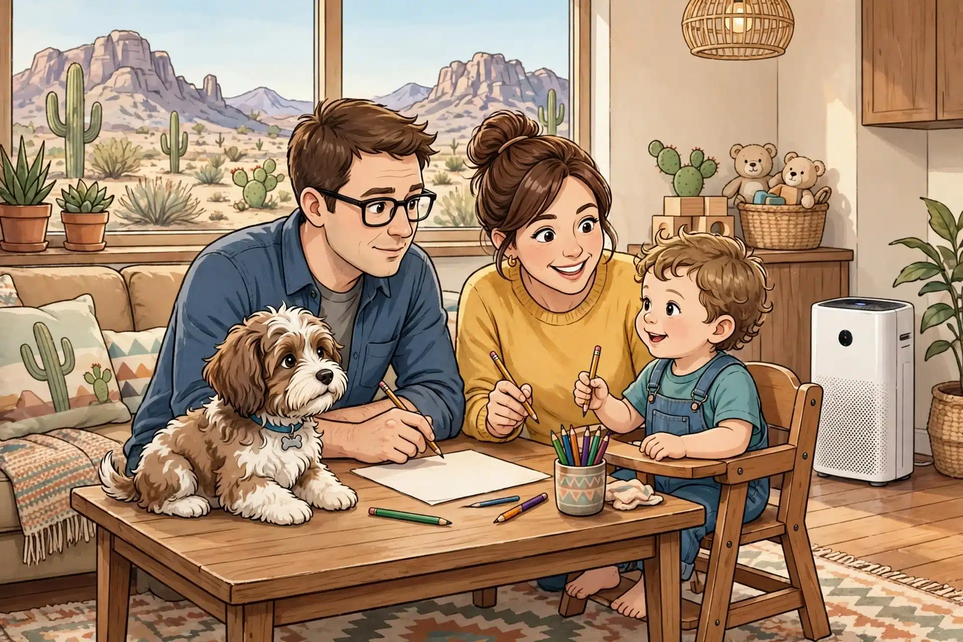 Family writing puppy checklist in living room