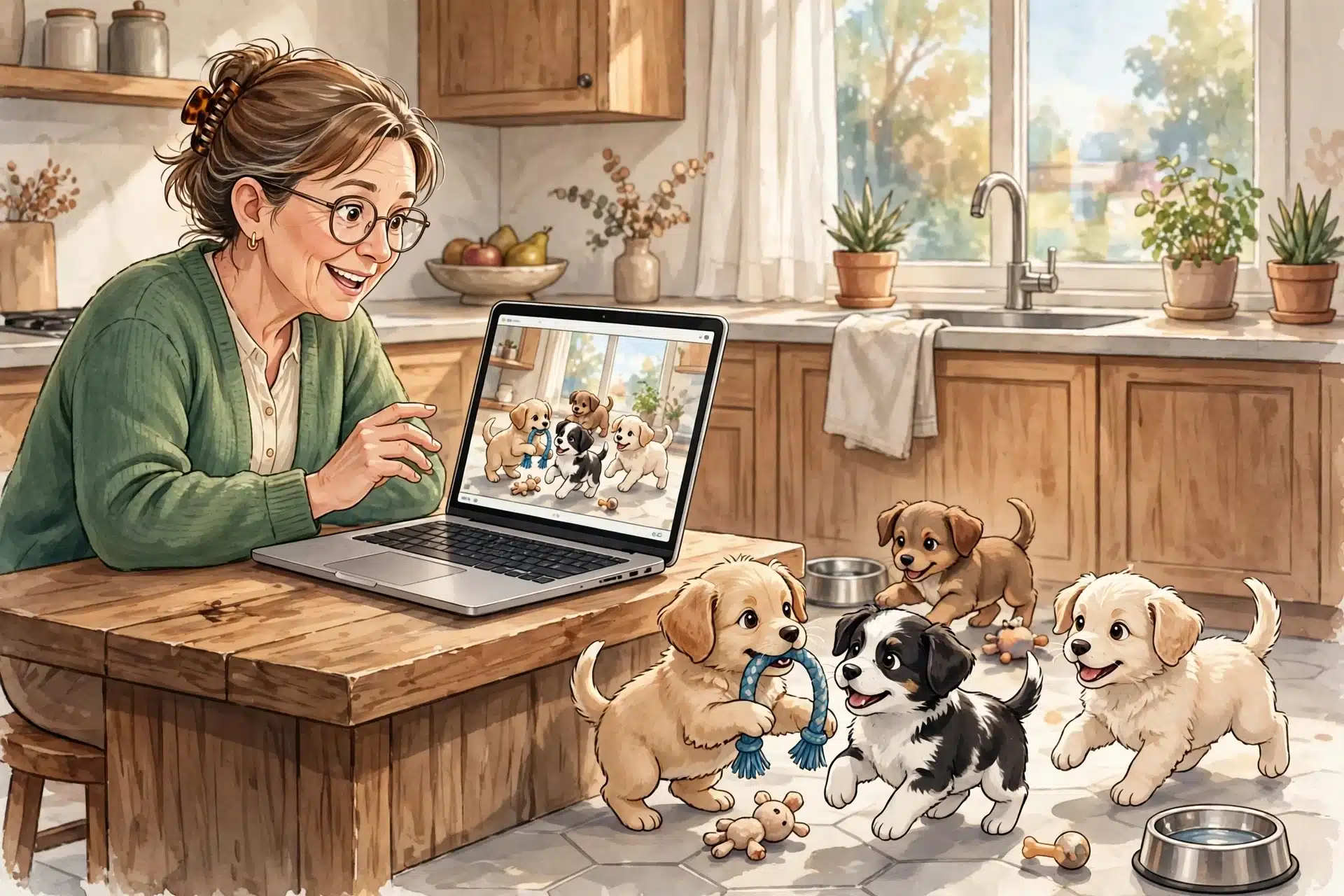 Breeder video calling puppies in sunny kitchen