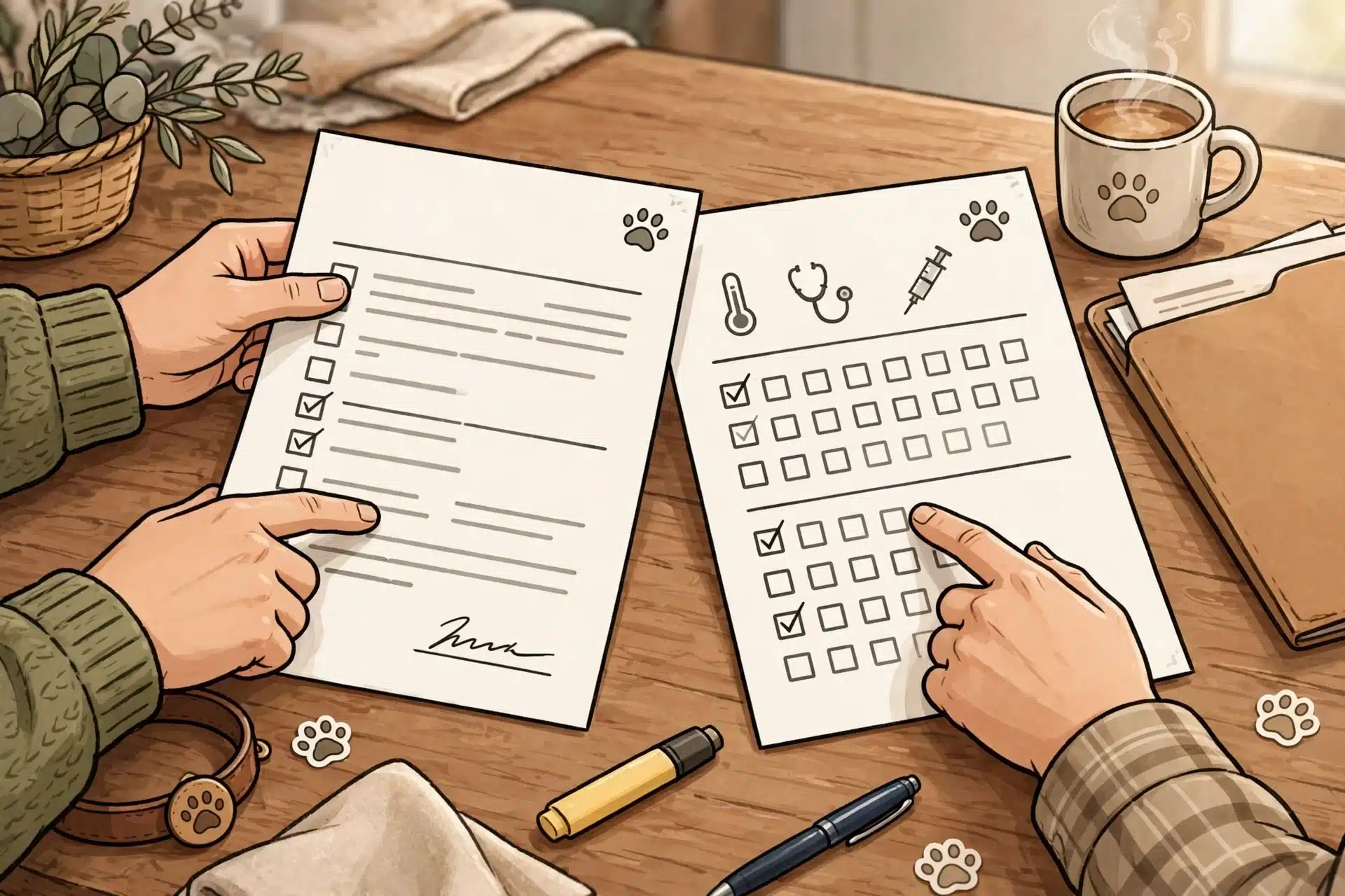 Hands reviewing puppy sale contract at table