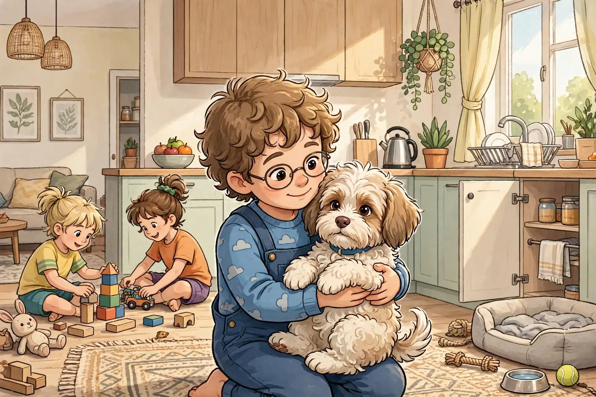 Child holding Havanese puppy in kitchen