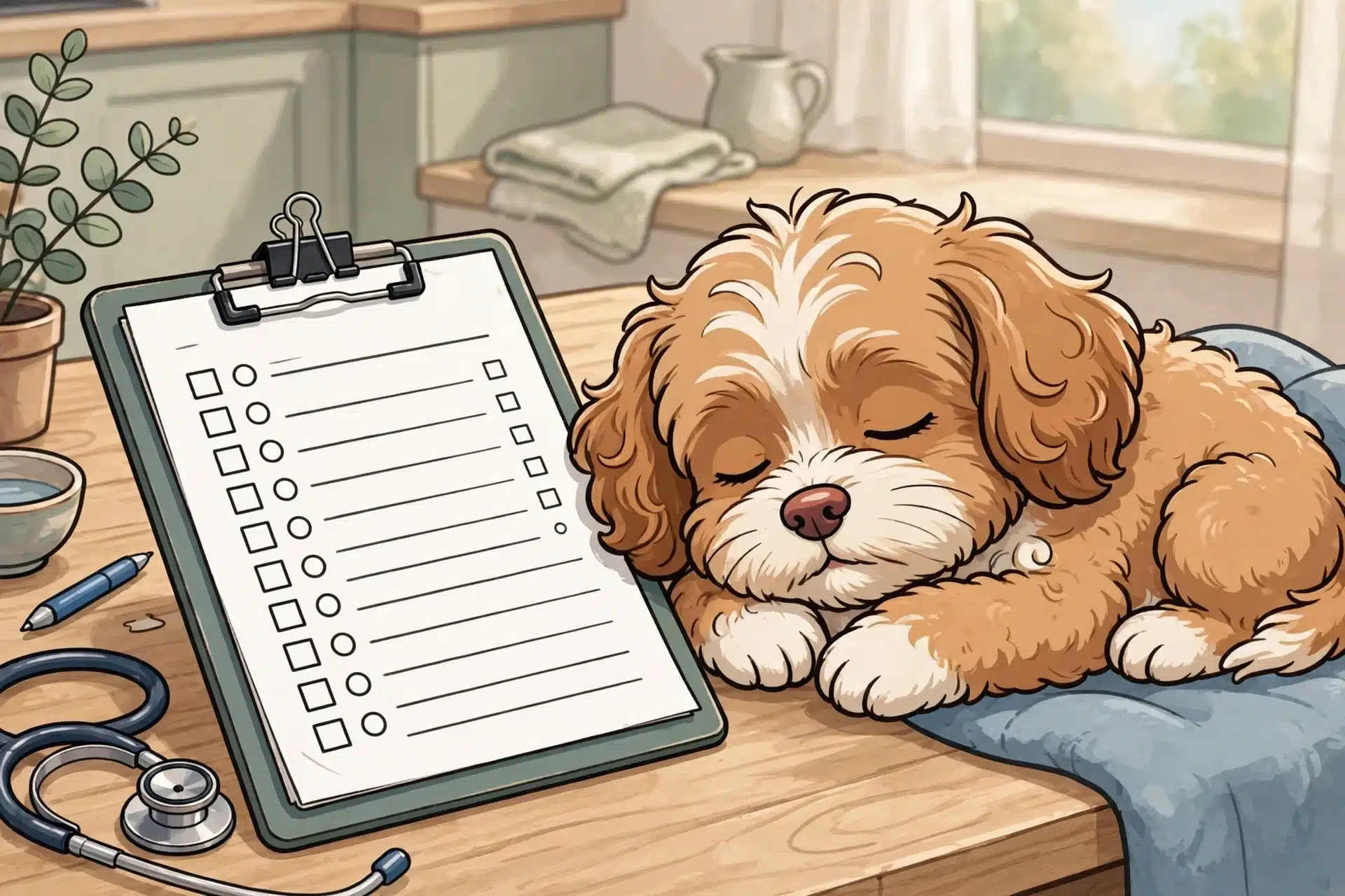 Sleeping Cavapoo puppy beside veterinary health record