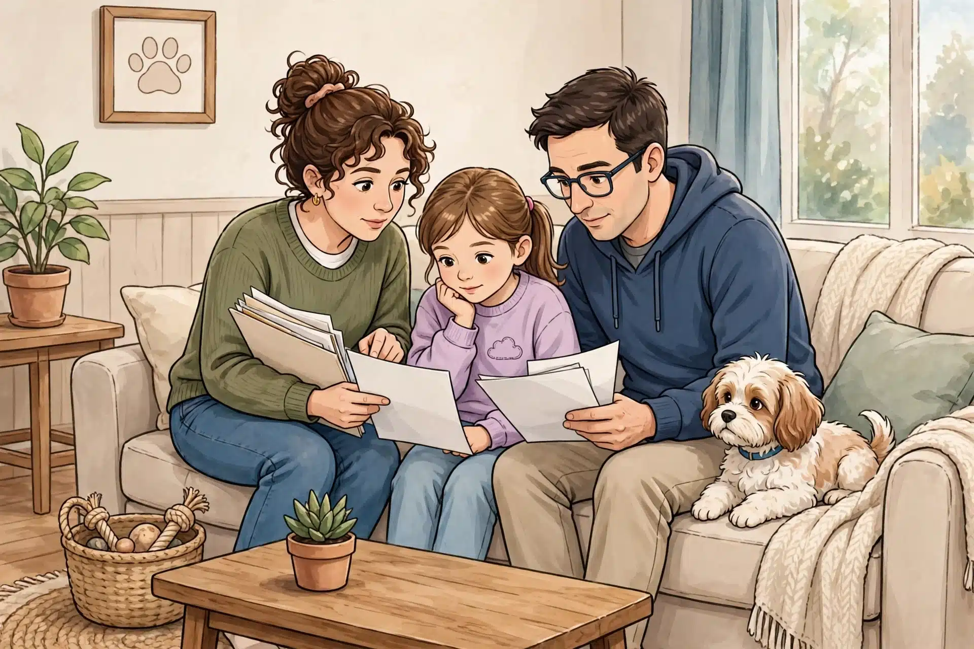Family reviewing puppy health records on couch