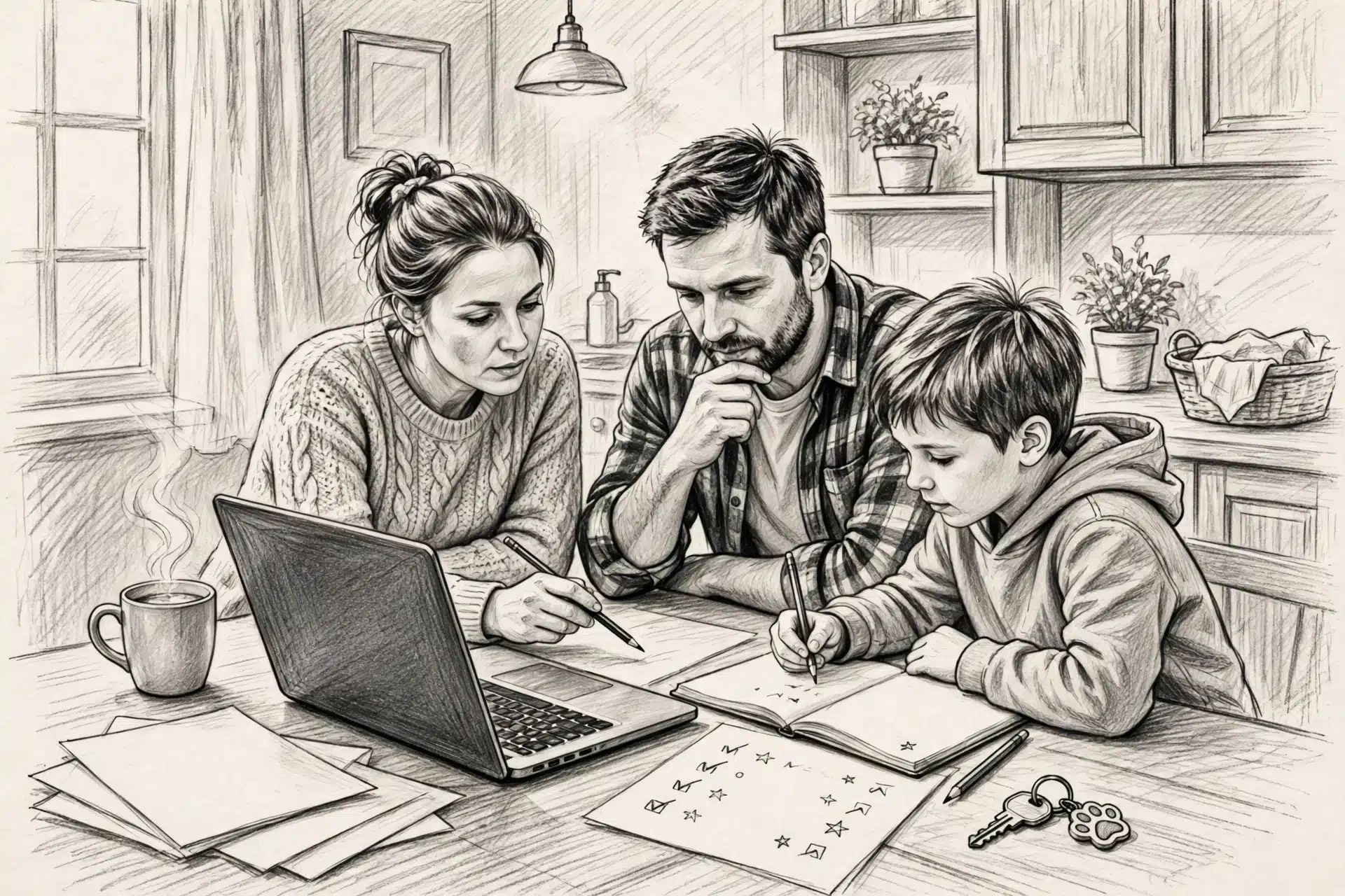 Family comparing breeder websites at kitchen table