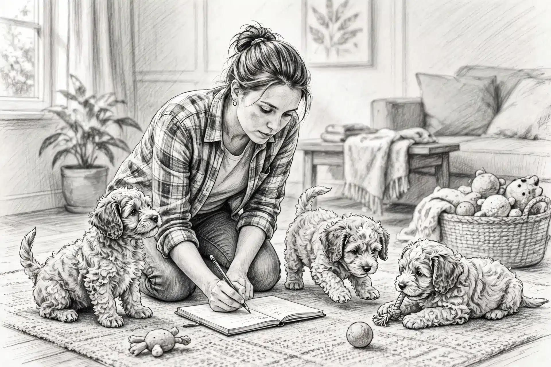 Breeder kneeling with puppies while taking notes