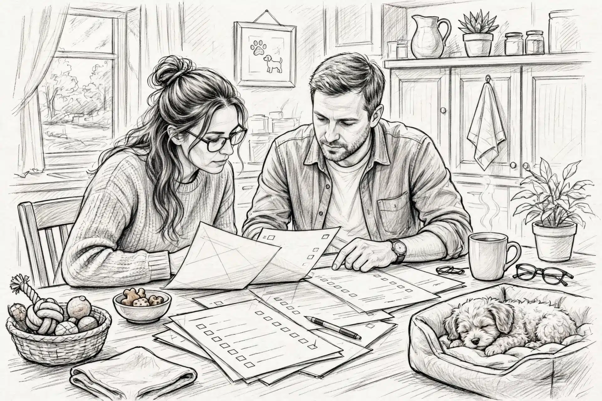 Couple reviewing puppy contract at kitchen table
