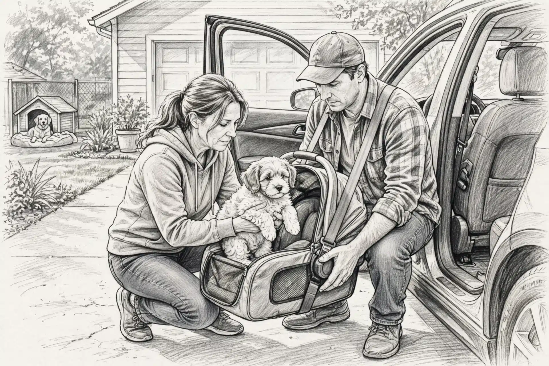 Family placing Havapoo puppy in car carrier