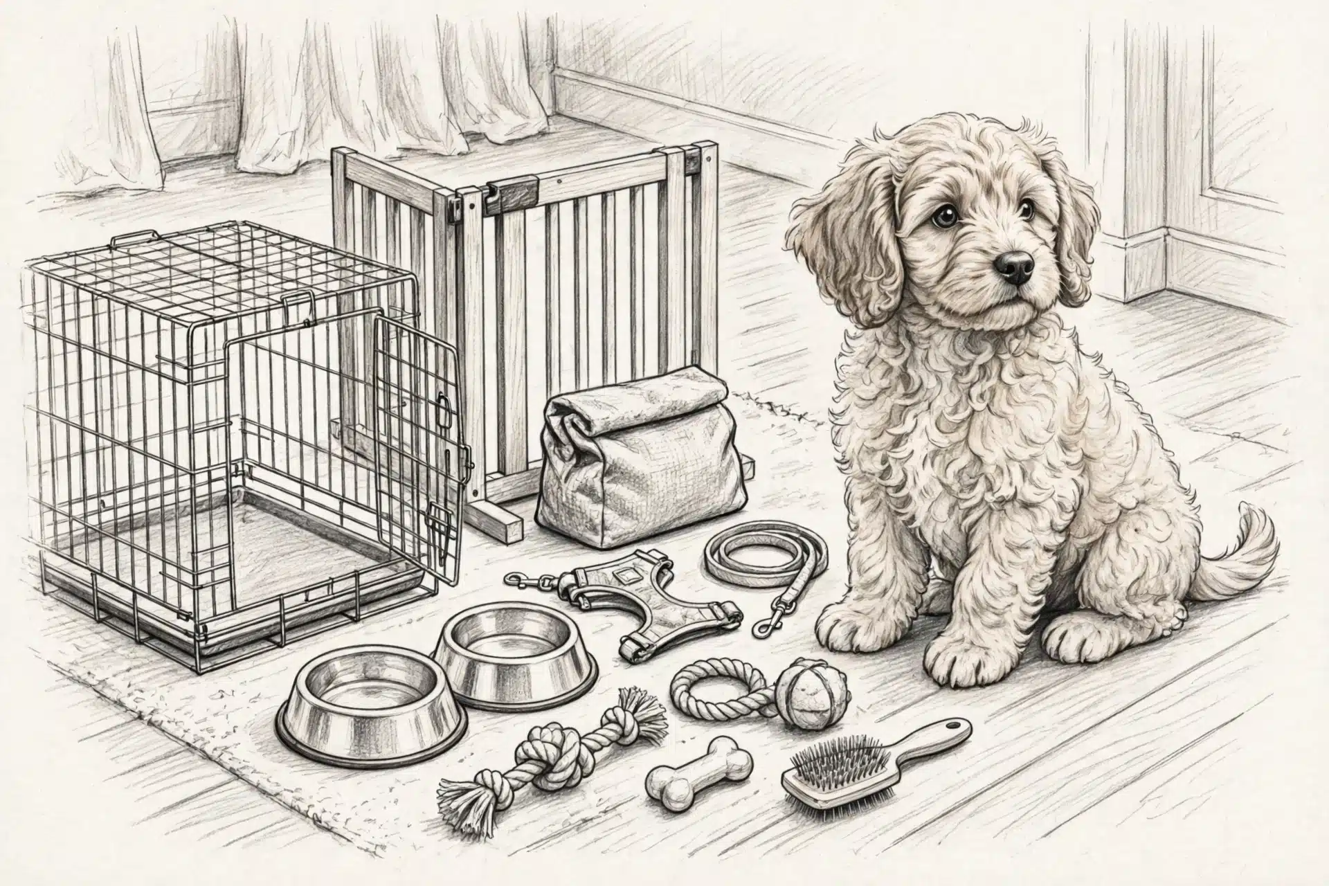 Havapoo puppy beside new supplies