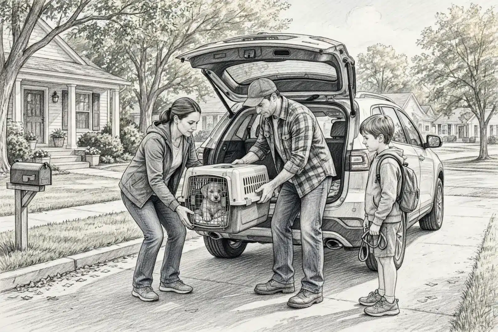 A family prepares for an Alabama puppy pickup, carefully placing a crate with a happy puppy inside their SUV in a suburban driveway. The parents are focused on the task, while their young son stands by with a backpack and leash.