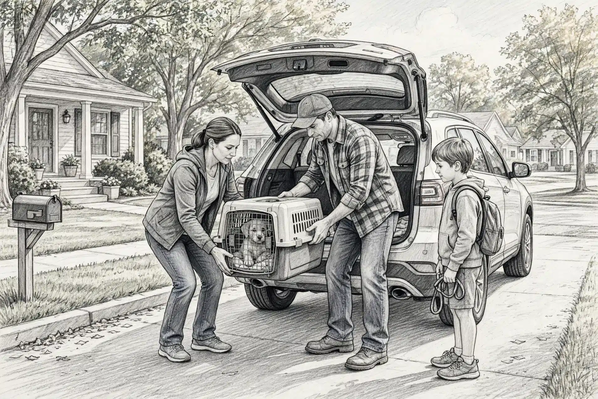 Family loading puppy crate into car