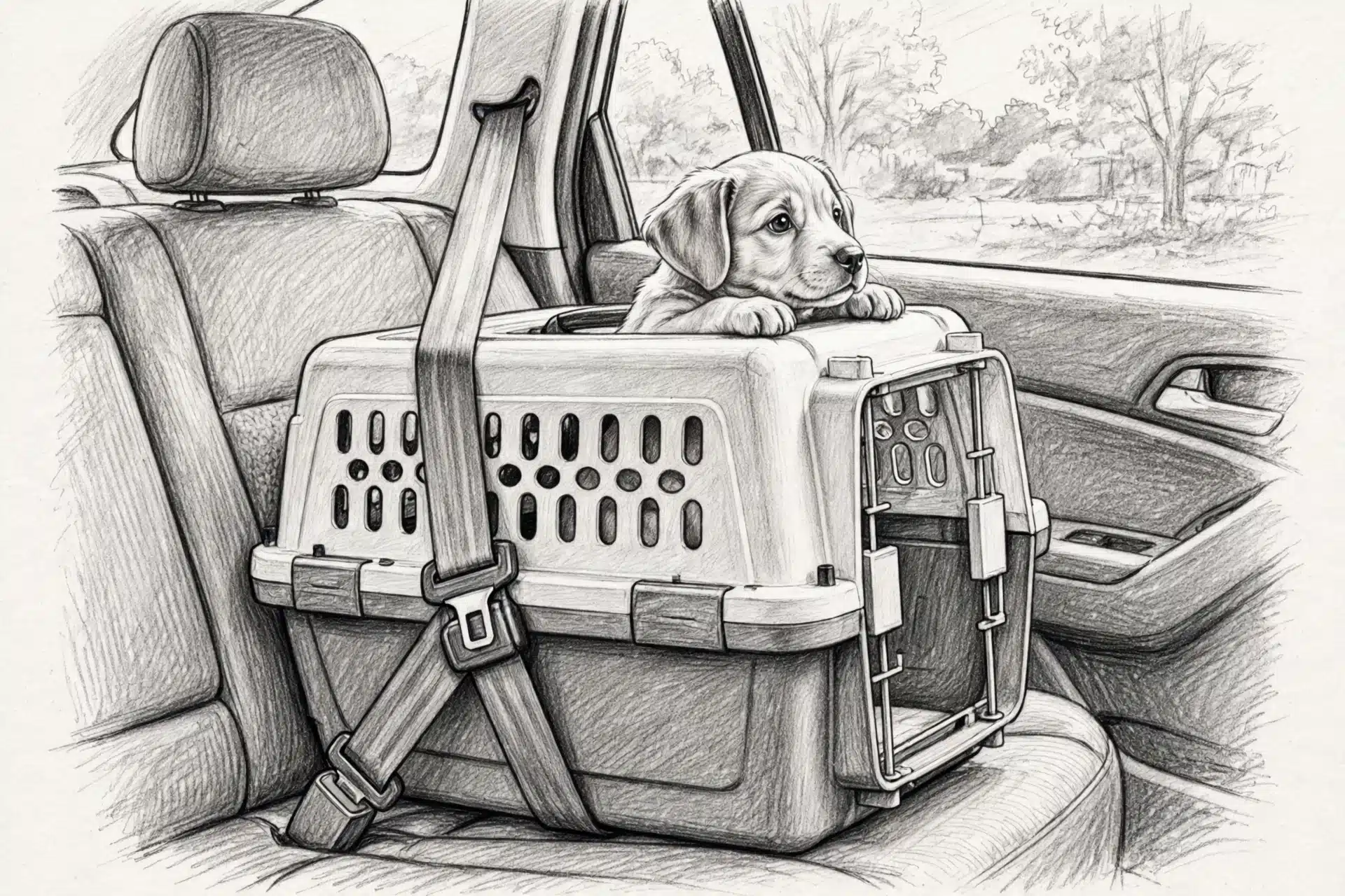 Puppy secured in travel crate on back seat