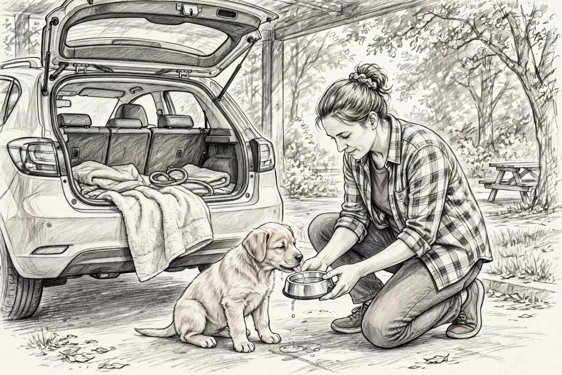 Family member offering puppy water at rest stop