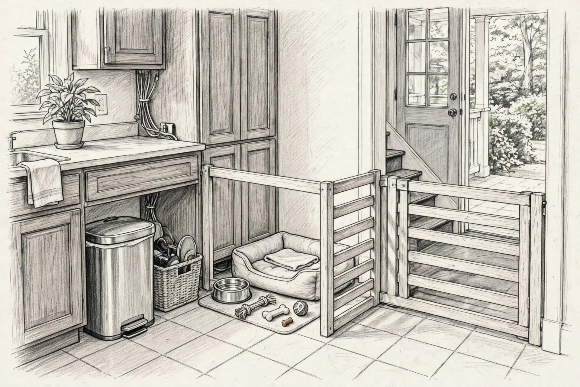 Puppy corner with bed bowl toys and gate