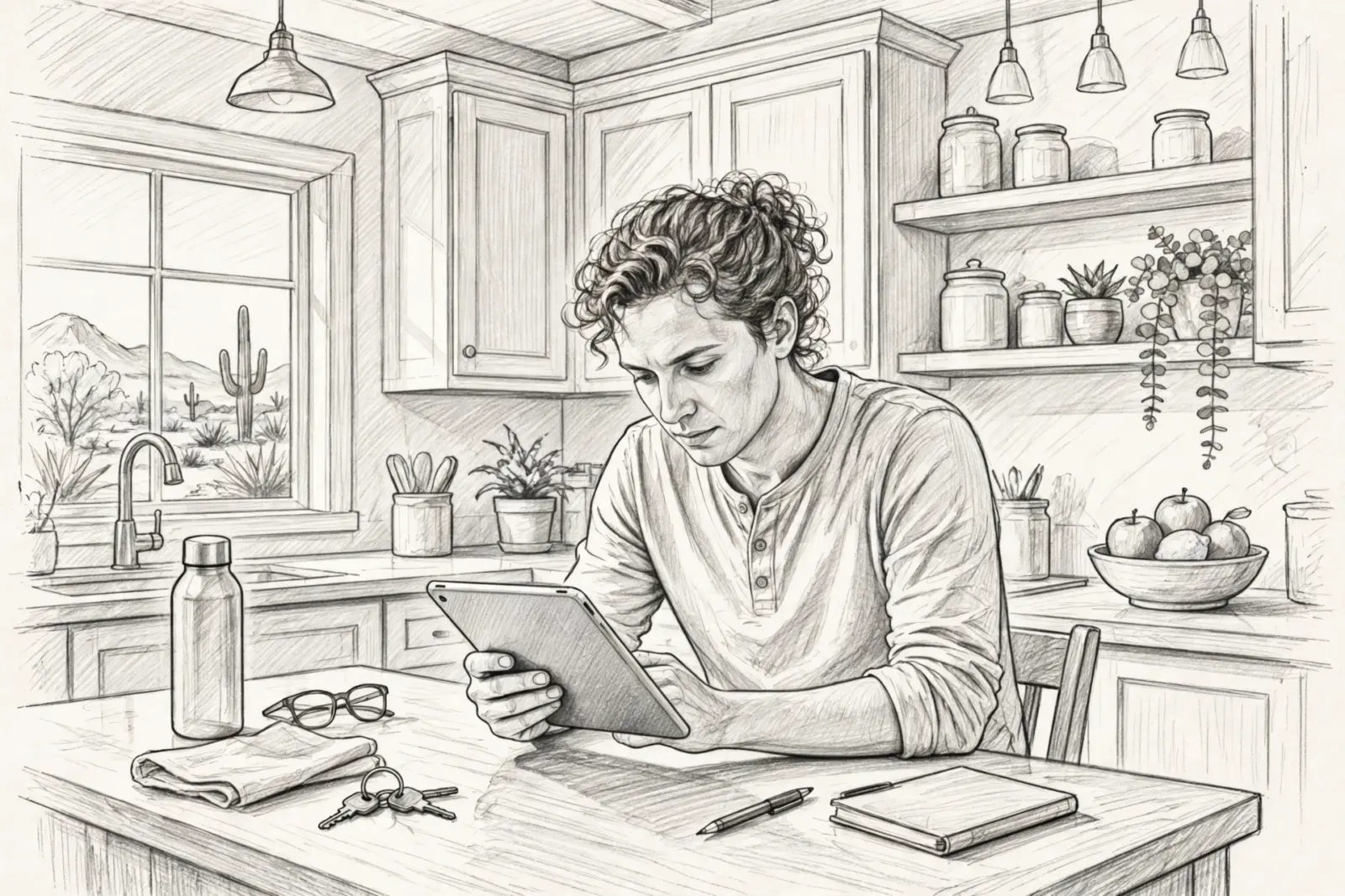 A young man with curly hair sits at a kitchen table, looking down at a tablet. A window behind him shows a desert landscape with cacti, relevant to finding puppy availability in Arizona.