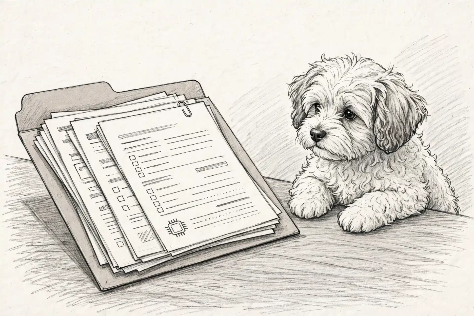 Puppy health records and microchip paperwork on table